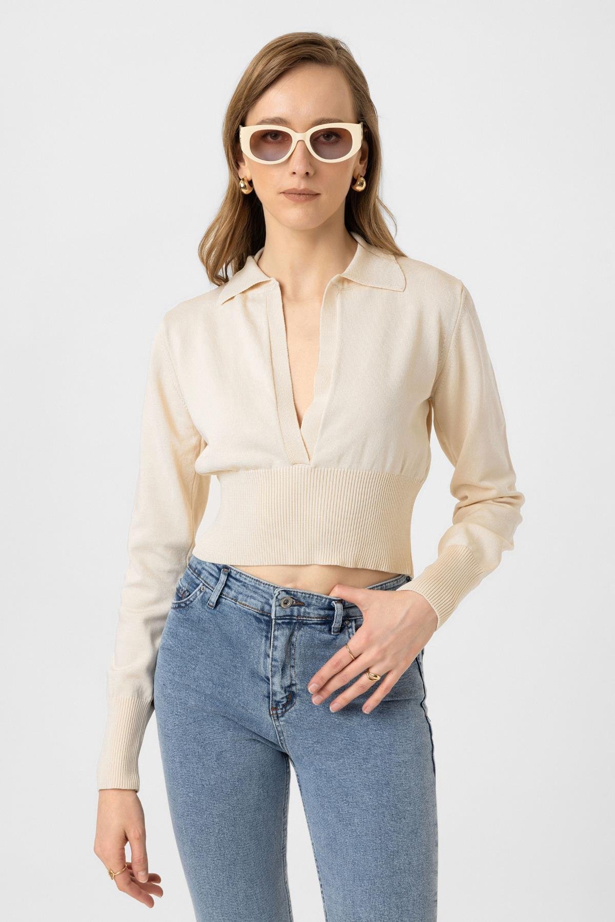 Oasis Polo Yaka Crop Triko Bej