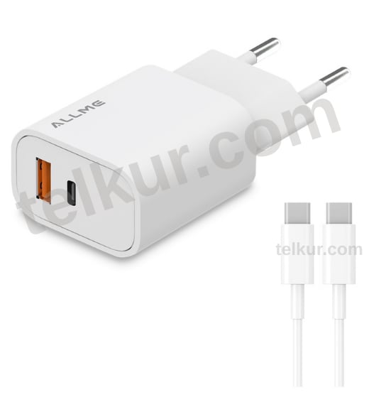 ALLME SS2018TTB 20W PD+QC Adaptör + 3A Type-C To Type-C Kablolu Şarj Seti Beyaz  