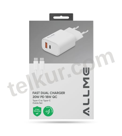 ALLME SS2018TTB 20W PD+QC Adaptör + 3A Type-C To Type-C Kablolu Şarj Seti Beyaz  