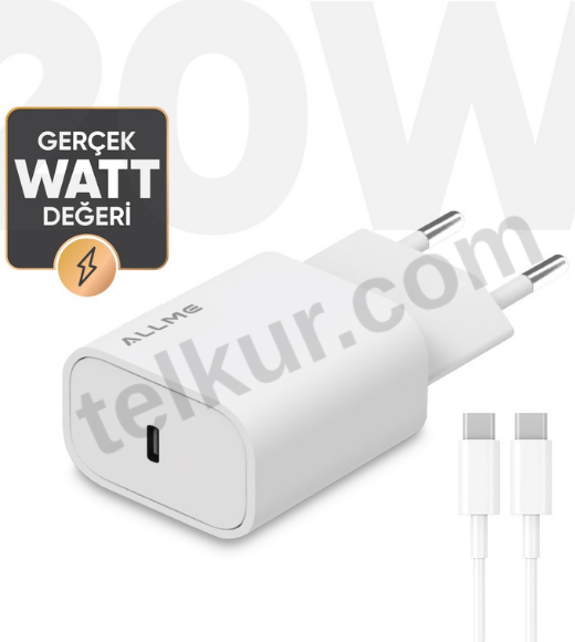 ALLME SS20TTB 20W PD Adaptör + 3A Type-C To Type-C Kablolu Şarj Seti Beyaz  