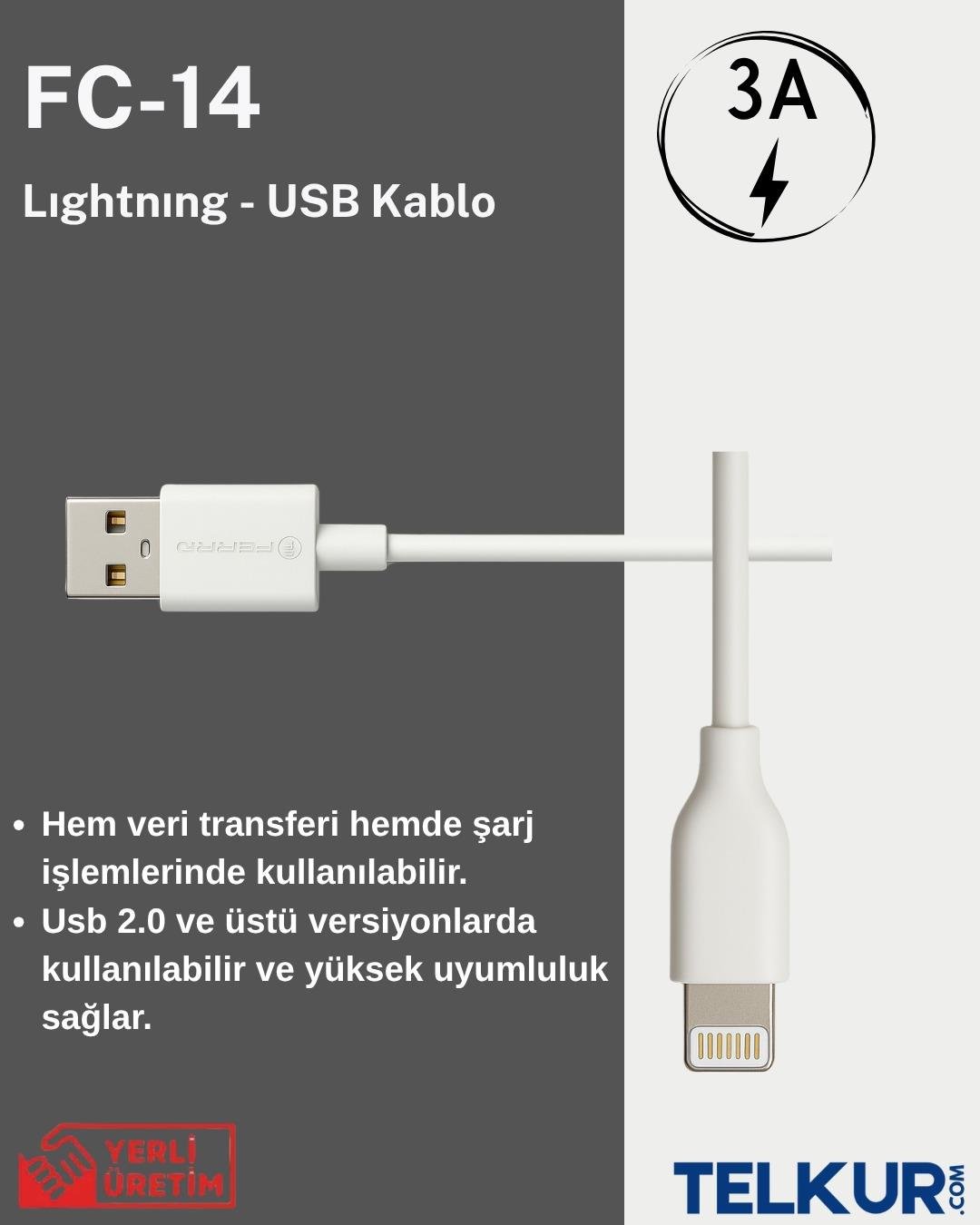 FERRO FC-14 Usb & Lightıng  Hızlı Şarj ve Data Kablosu 3.0 Amper