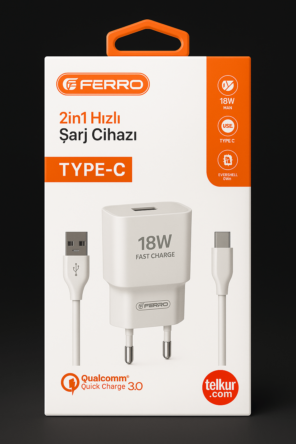 TELKUR W18 Qualcom 3.0 Amper Usb Çıkışlı Type-c 18W Şarş Seti