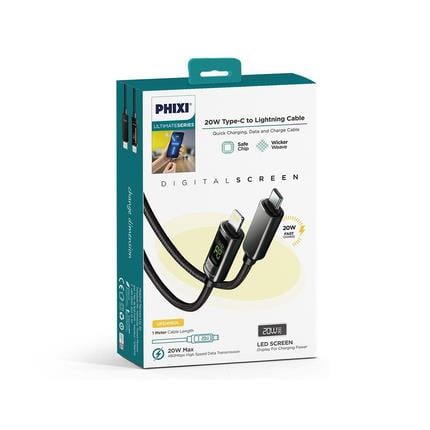 PHIXI UPD4160L 20W LCD Ekranlı Örgü Type-C to Lightning Şarj ve Data Kablosu