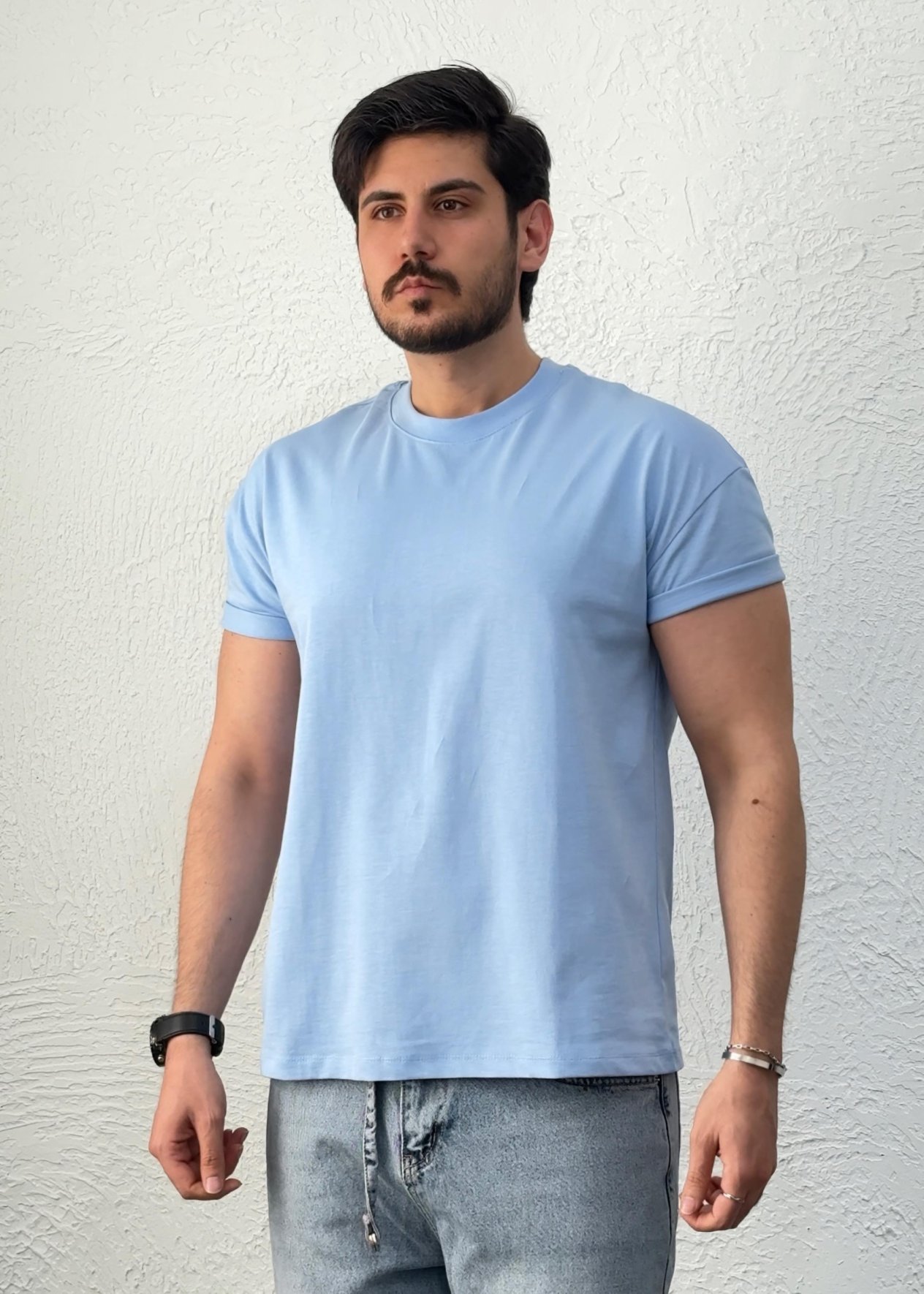 Özel Kesim Kolları Dar Oversize T-shirt / Bebe Mavisi - BSC03
