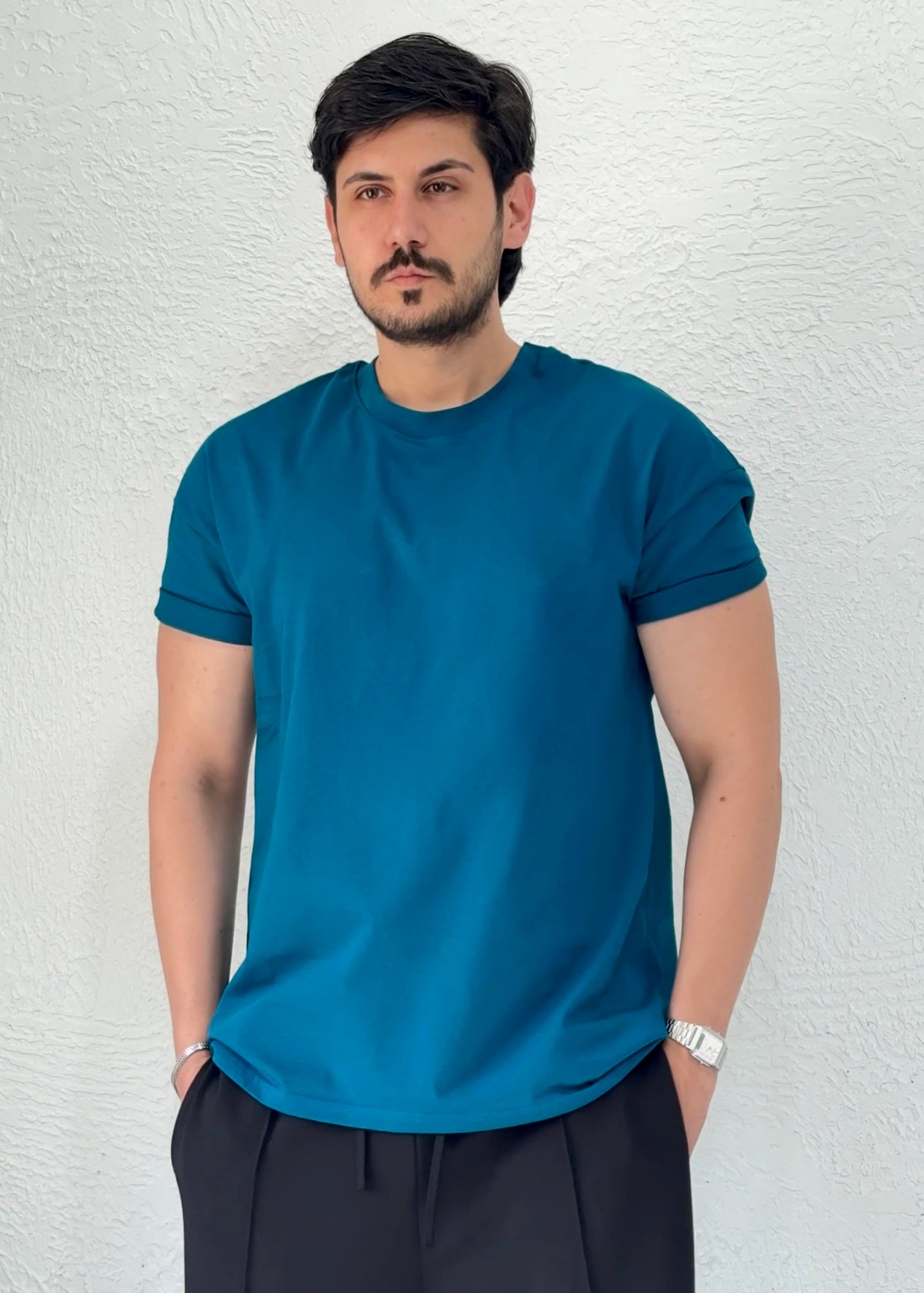 Özel kesim Kolları dar Oversize T-shirt / Turkuaz - BSC03