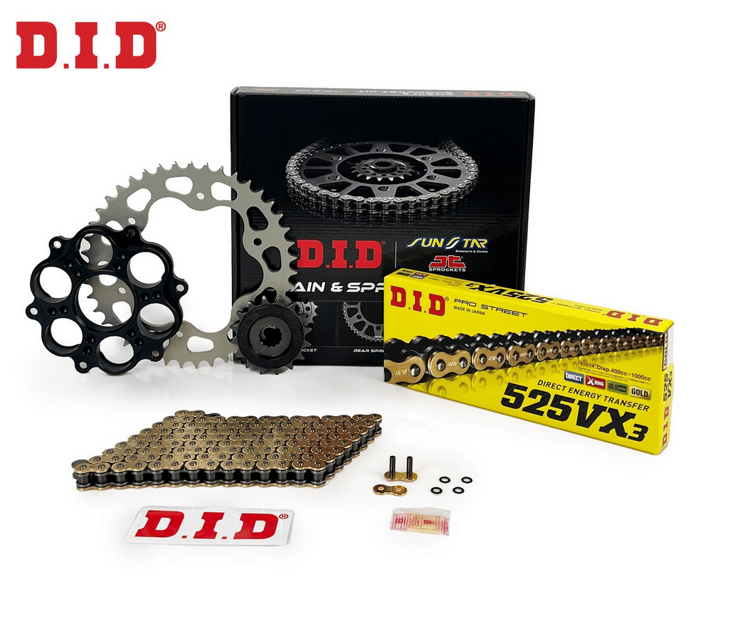 ZİNCİR DİŞLİ SETİ DUCATI HYPERMOTARD EVO (1100 cc)  (2010-2012) / DUCATI / HYPERMOTARD EVO / 1100cc / ZİNCİR: DID-525VX3 (Gold)-104 / ÖN-ARKA DİŞLİ: JT (15T-41T) / 2010-2011-2012
