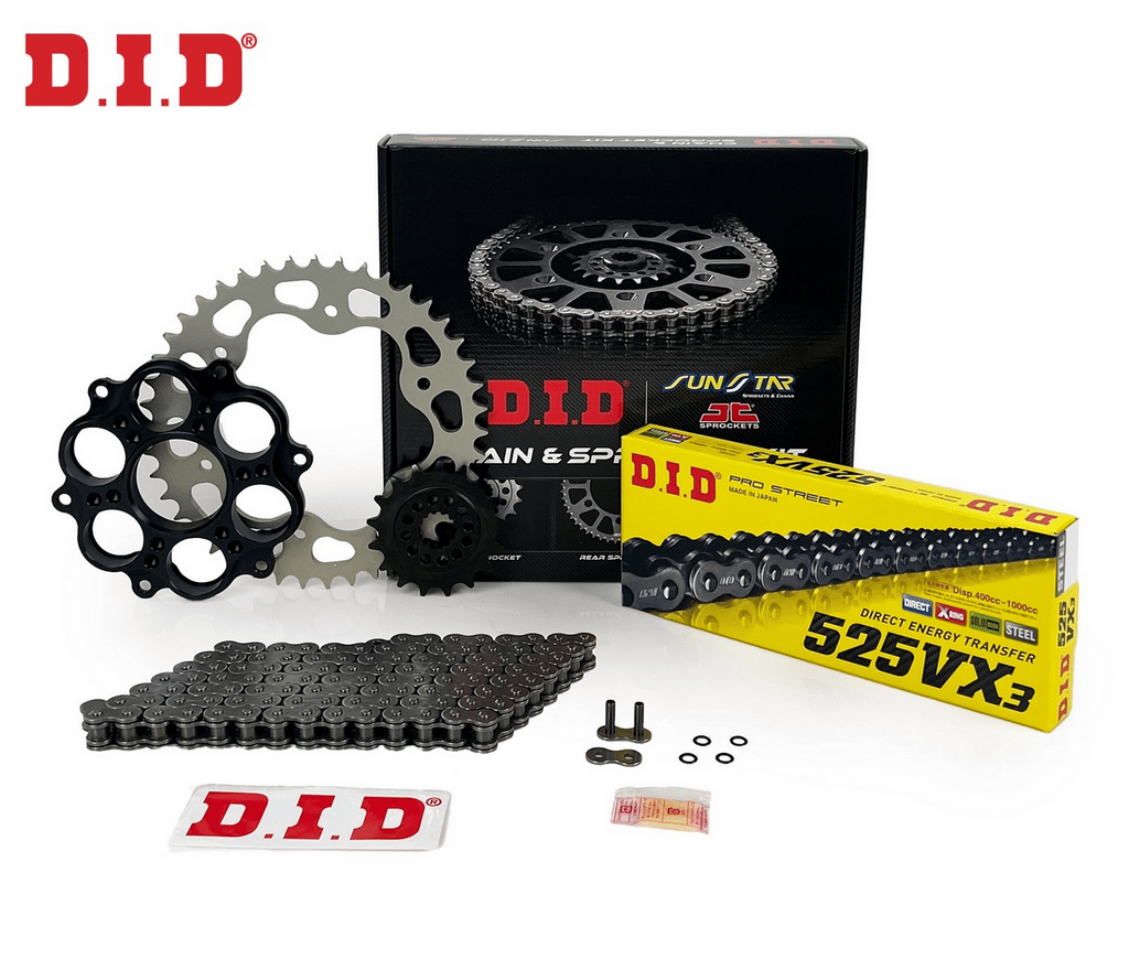 ZİNCİR DİŞLİ SETİ DUCATI HYPERMOTARD EVO SP (1100 cc)  (2010-2012) / DUCATI / HYPERMOTARD EVO SP / 1100cc / ZİNCİR: DID-525VX3 (Çelik)-104 / ÖN DİŞLİ: SUNSTAR (15T) / ARKA DİŞLİ: JT (41T) / 2010-2011-2012