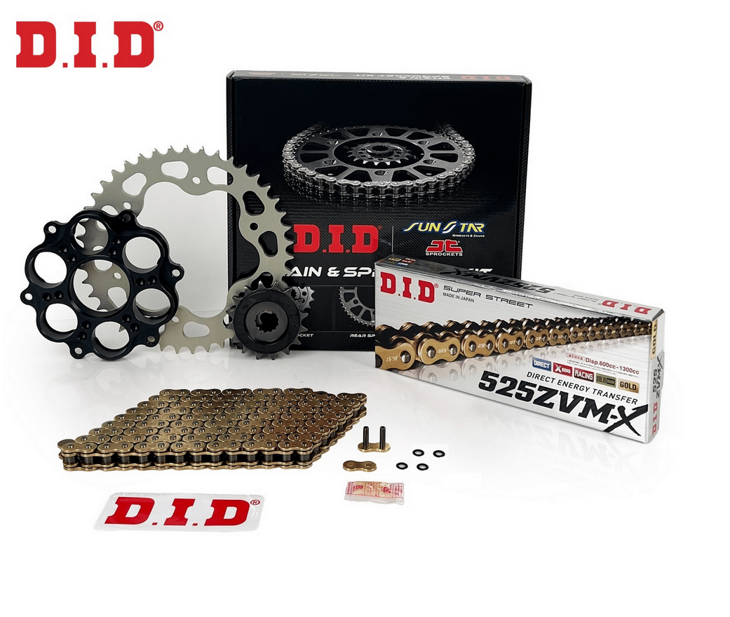 ZİNCİR DİŞLİ SETİ DUCATI HYPERMOTARD EVO (1100 cc)  (2010-2012) / DUCATI / HYPERMOTARD EVO / 1100cc / ZİNCİR: DID-525ZVM-X (Gold)-104 / ÖN-ARKA DİŞLİ: JT (15T-41T) / 2010-2011-2012