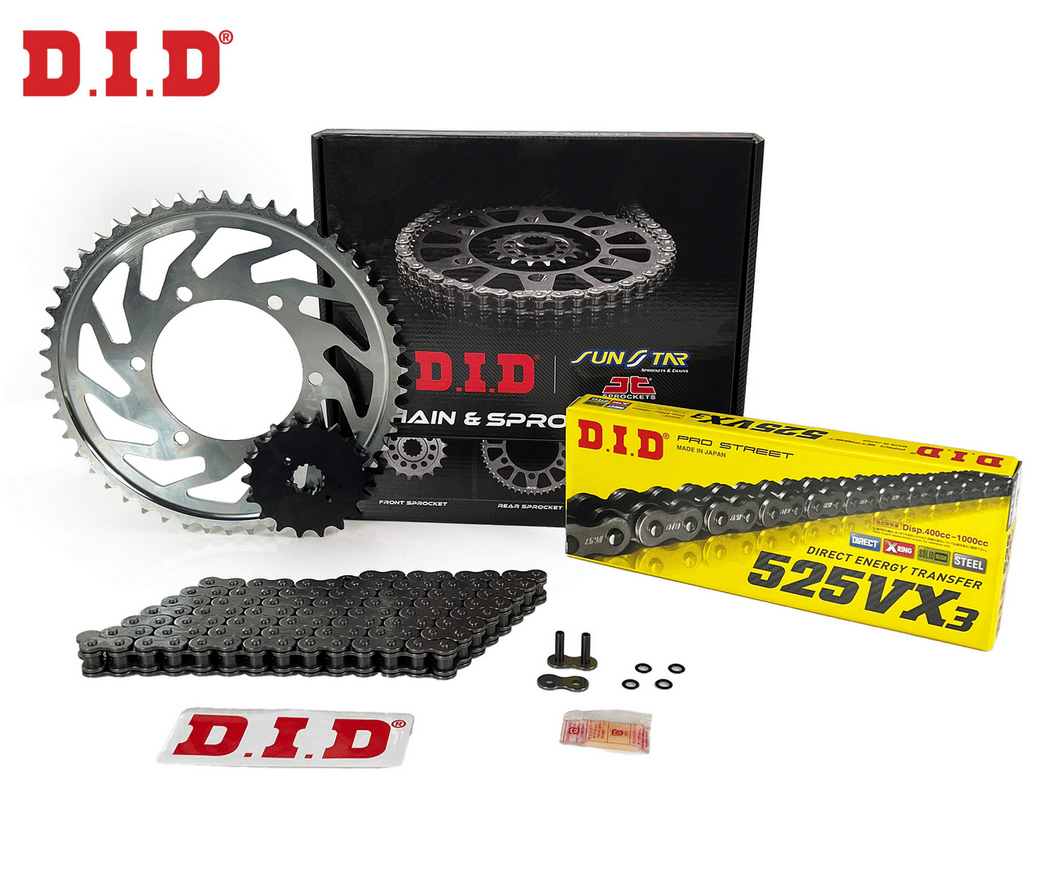 ZİNCİR DİŞLİ SETİ HONDA CBF 500 (500 cc)  (2004-2008) / HONDA / CBF 500 / 500cc / ZİNCİR: DID-525VX3 (Çelik)-116 / ÖN DİŞLİ: SUNSTAR (15T) / ARKA DİŞLİ: JT (41T) / 2004-2005-2006-2007-2008