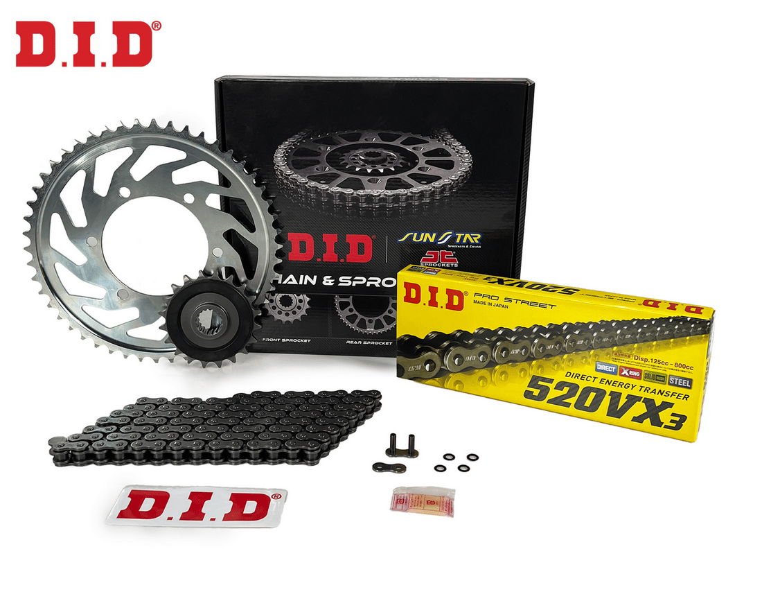 ZİNCİR DİŞLİ SETİ YAMAHA MT-25 (250 cc)  (2015-2022) / YAMAHA / MT-25 / 250cc / ZİNCİR: DID-520VX3 (Çelik)-112 / ÖN DİŞLİ: JT (14T)  / ARKA DİŞLİ: SUNSTAR (43T) / 2015-2016-2017-2018-2019-2020-2021-2022-2023-2024