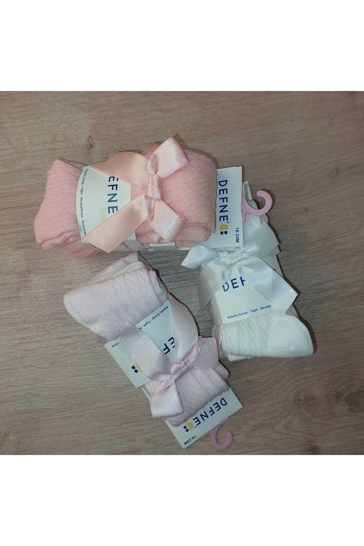 3 Adet Pamuklu Kurdele Detaylı Desenli Çocuk Ve Bebek Külotlu Çorap