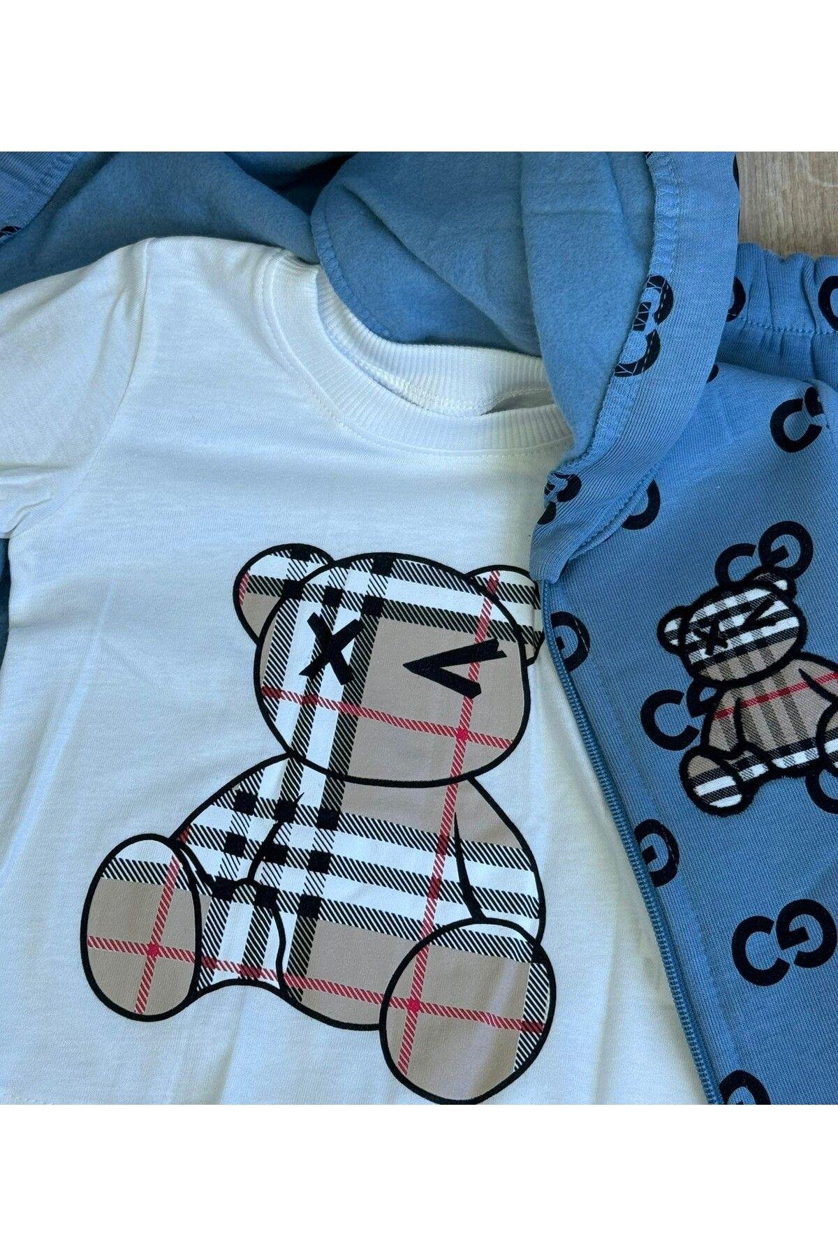 3'Lü Bebek Çocuk Şardonlu Kapişonlu Sweatshirt Uzun Kollu Tshirt Ve Eşohman Altı Takımı