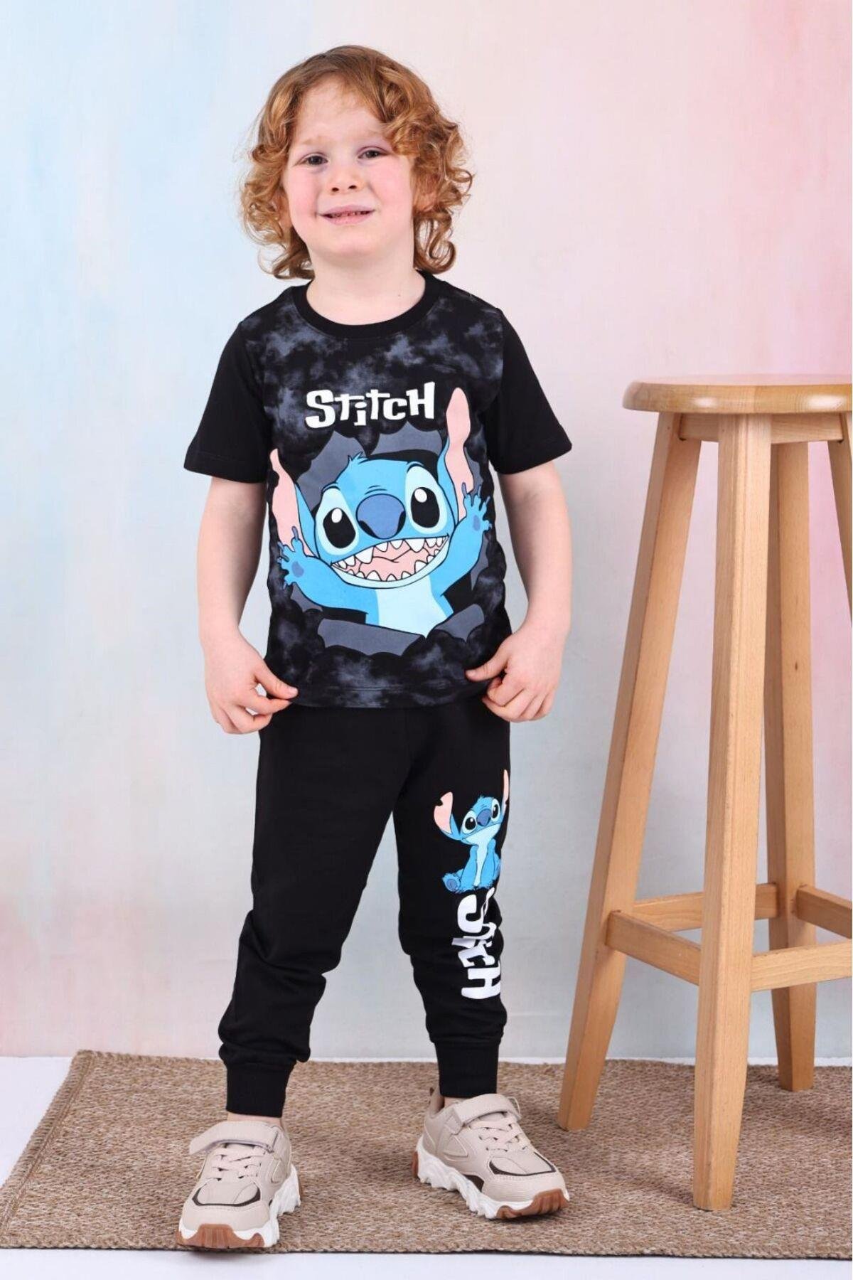 Erkek Çocuk Stitch Desenli Kısa Kollu Tshırt Eşofman 2'Li Takım