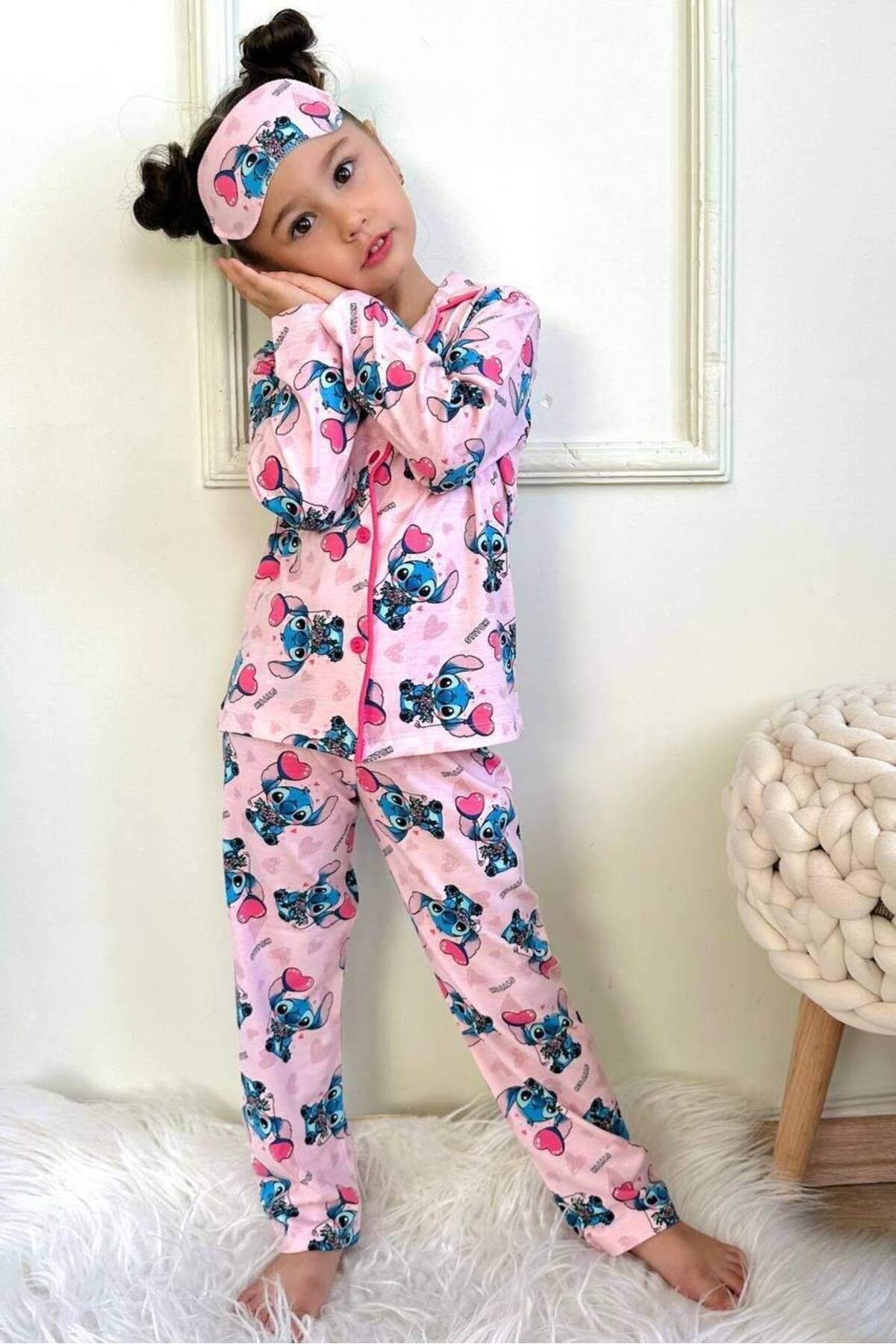 Kız Çocuk Düğmeli Desenli Uzun Kollu Pijama Takımı