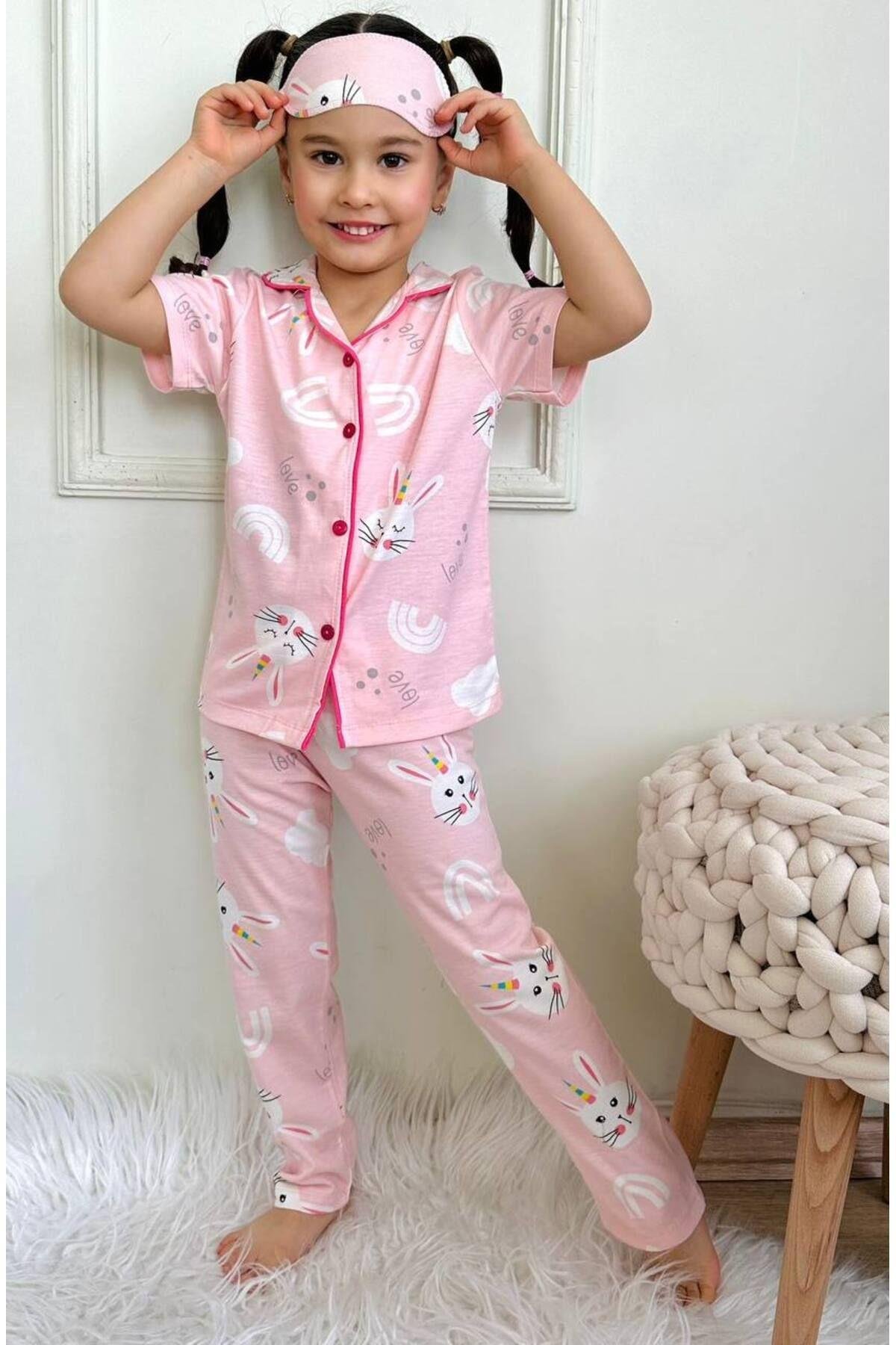 Kız Çocuk Düğmeli Pembe Tavşan Desenli Uzun Kollu Pijama Takımı