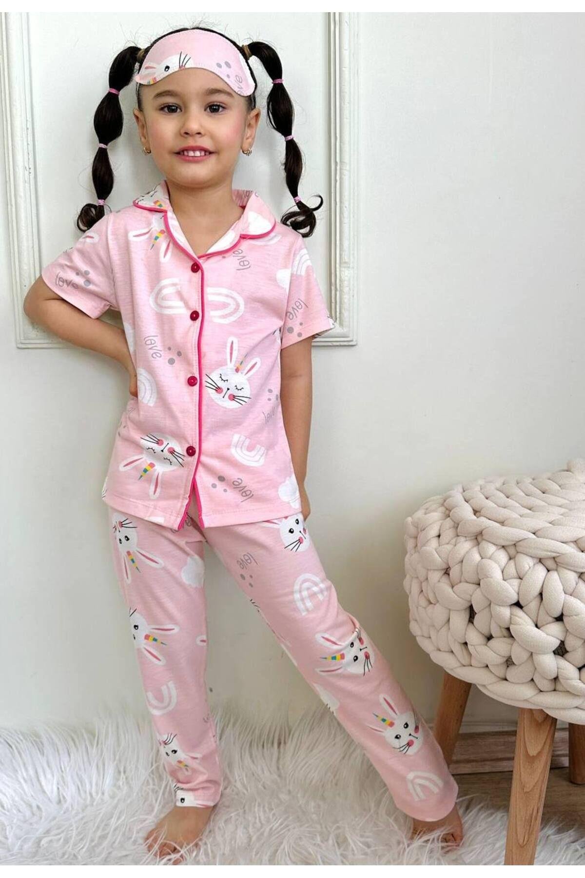 Kız Çocuk Düğmeli Pembe Tavşan Desenli Uzun Kollu Pijama Takımı