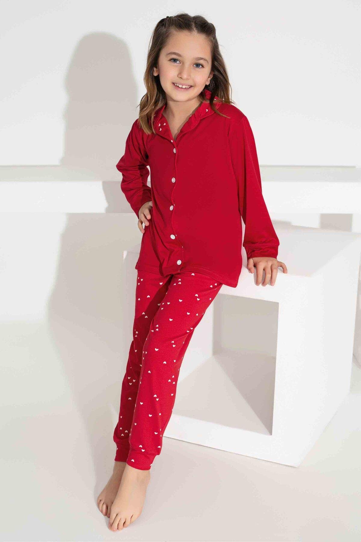 Kız Çocuk Yakası Kalp Desenli Düğmeli Uzun Kollu  Pijama Takımı