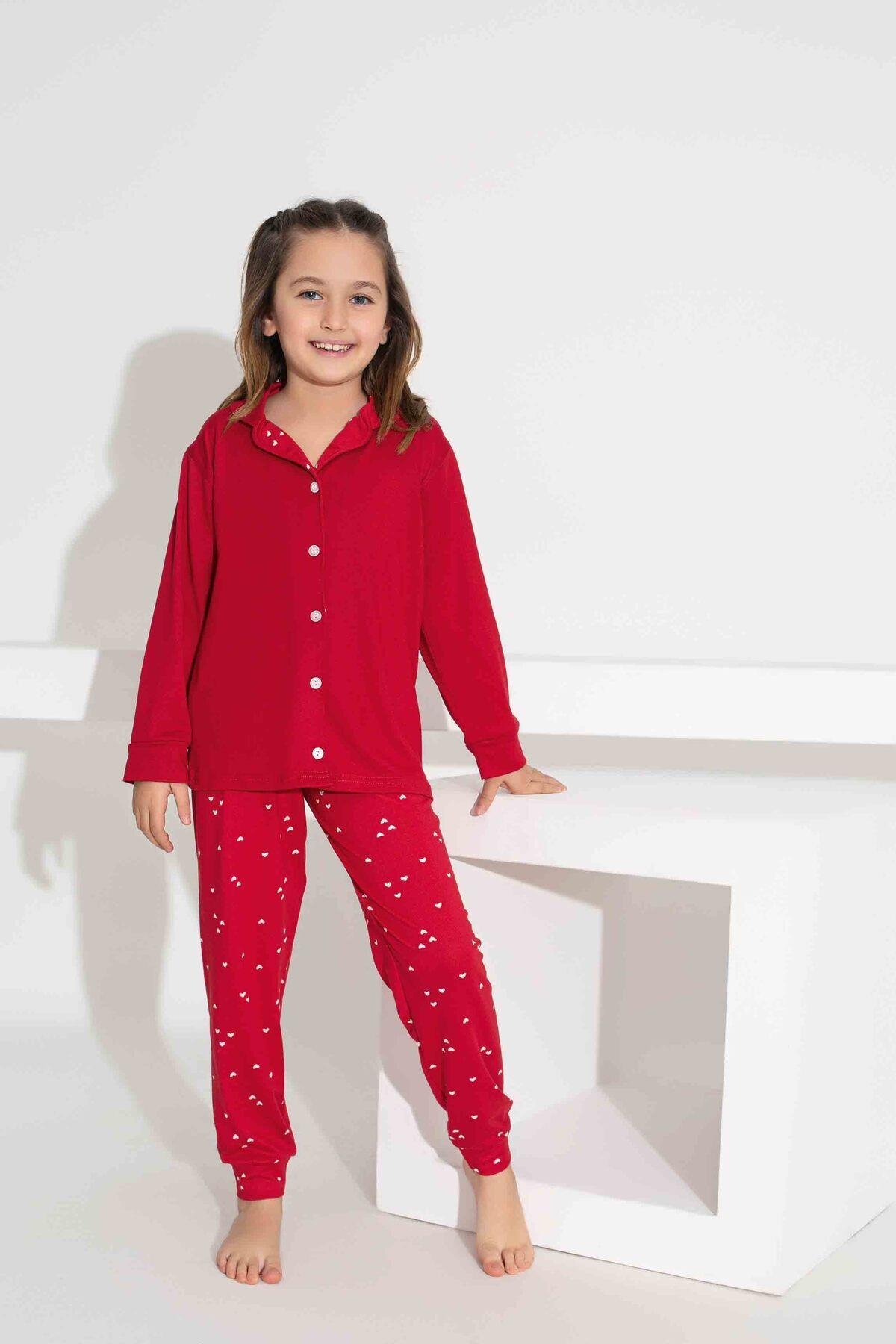 Kız Çocuk Yakası Kalp Desenli Düğmeli Uzun Kollu  Pijama Takımı