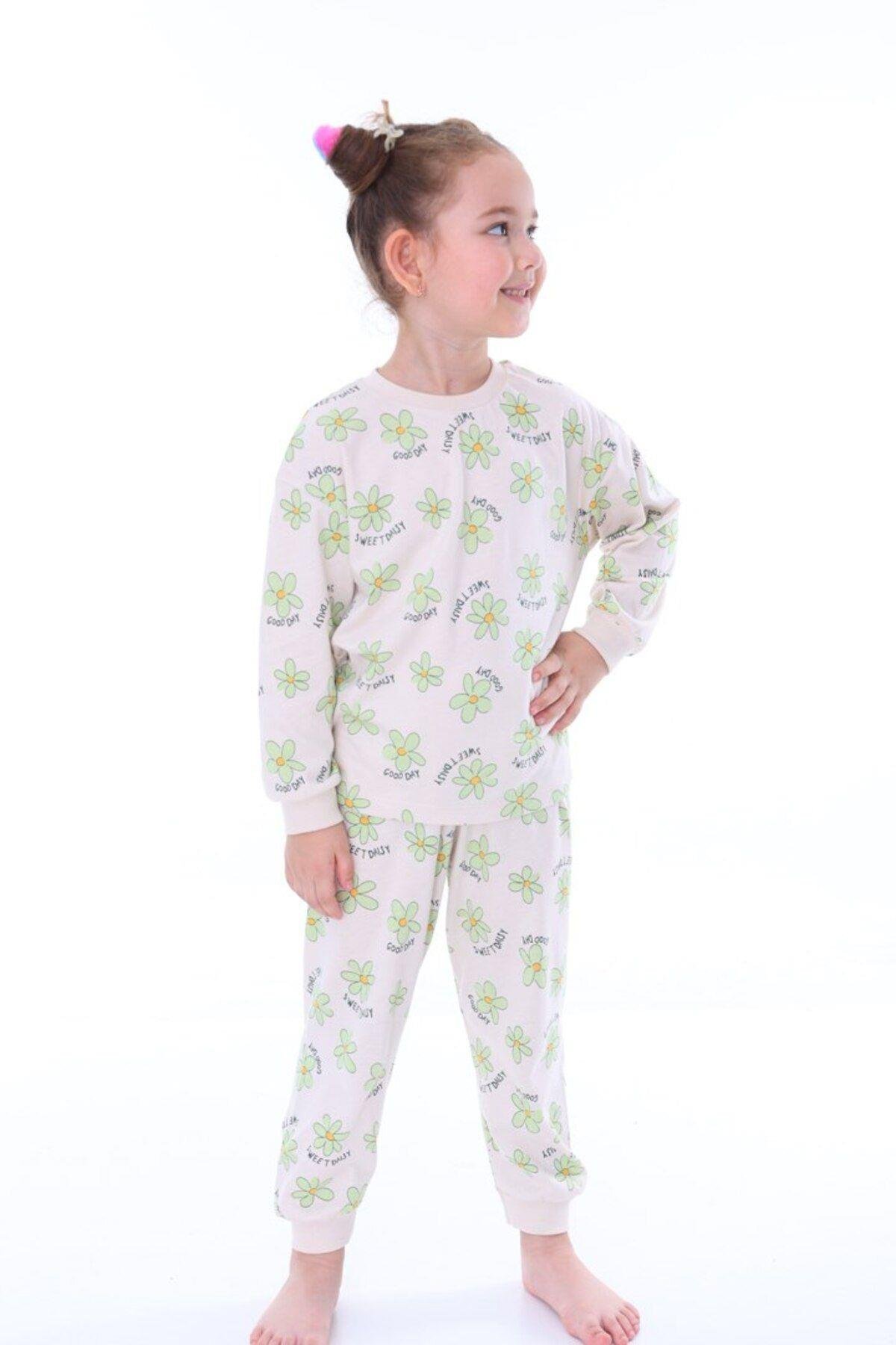 Kız Çocuk Yeşil Çiçek Desenli Uzun Kollu Pijama Takımı