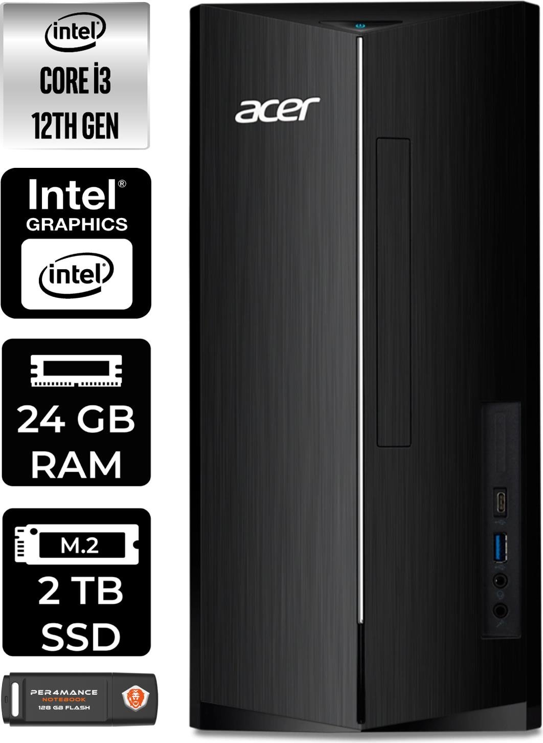 Acer Aspire TC1760 Intel Core I3 12100 24GB 2tb SSD W11P DT.BHUEM.004 Masaüstü Bilgisayar & Per4 USB Bellek DTBHUEM004P424