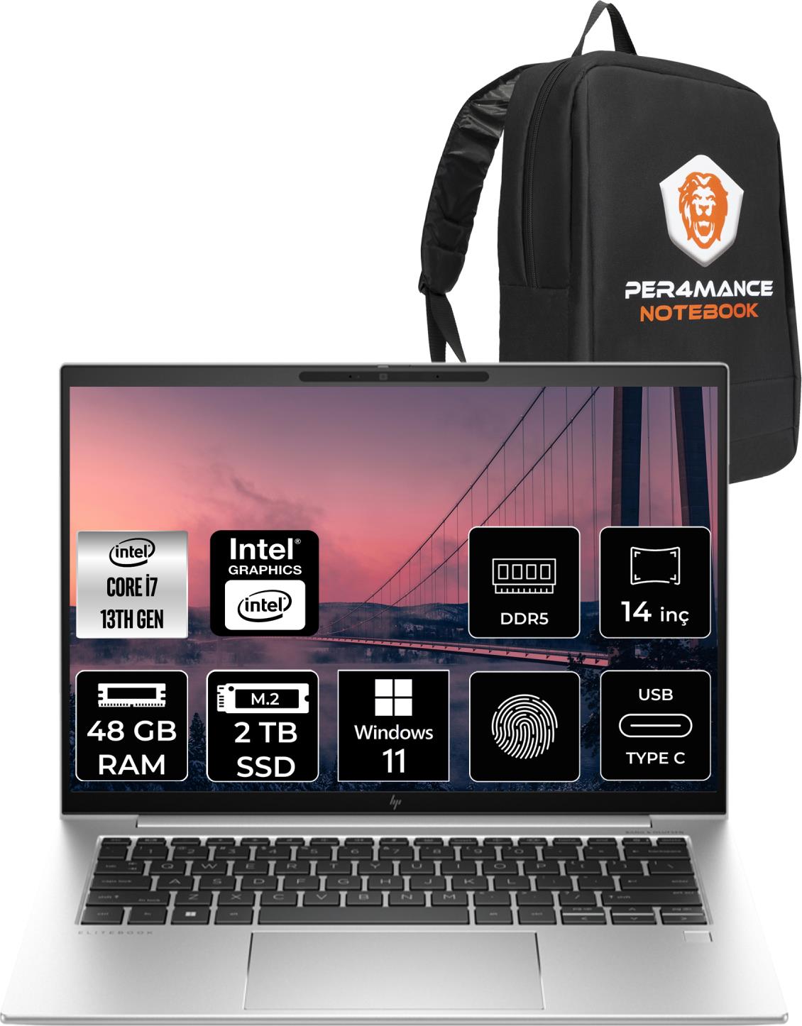 Hp Elitebook 840 G10 Intel Core I7 1355U 48GB 2tb SSD 14'' Fhd+ W11H Taşınabilir Bilgisayar 819H1EA & Per4 Çanta 819H1EAP329