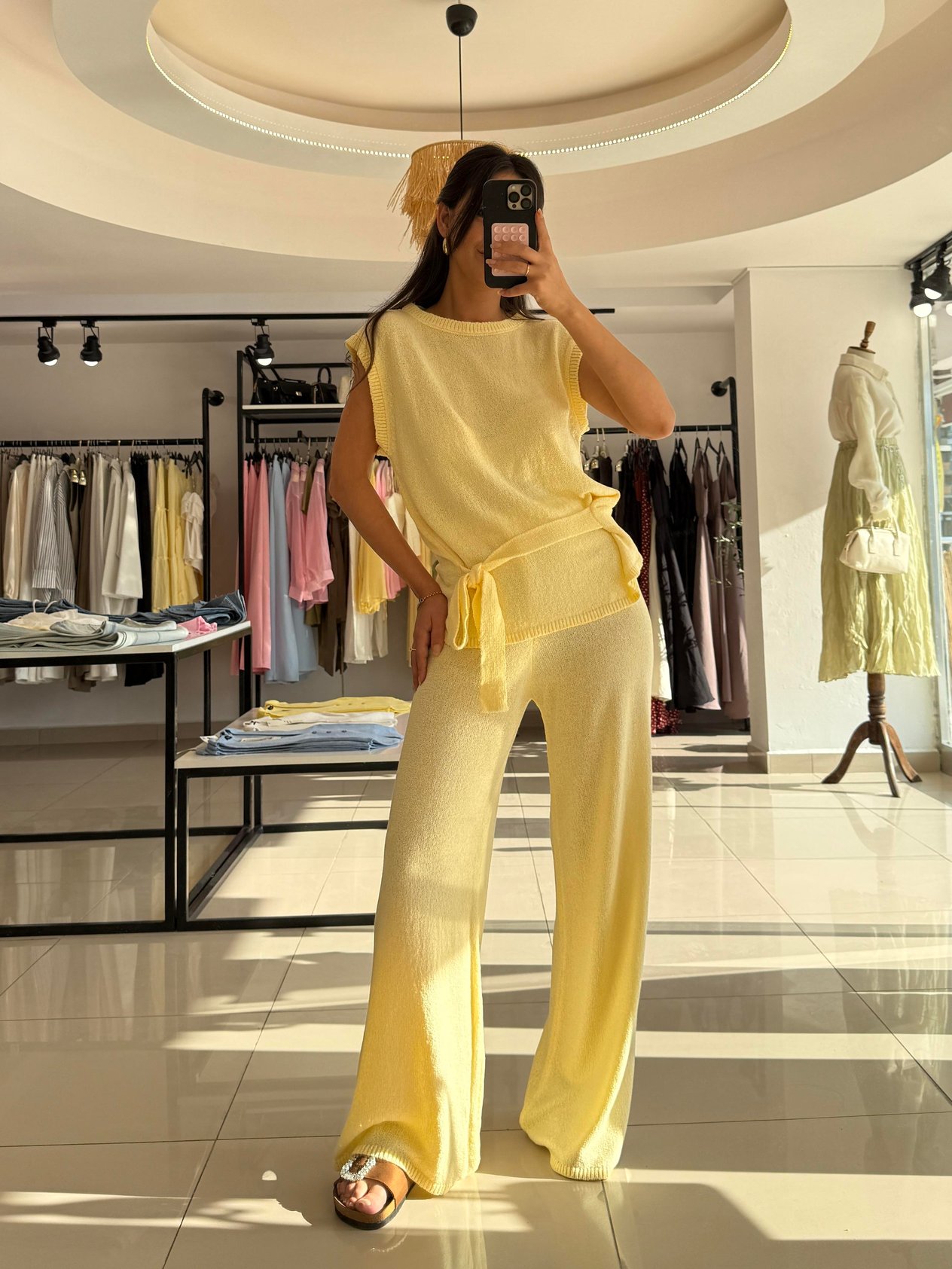 SARI ZR MODEL BAĞLAMALI BLUZ PANTOLON İNCE TRİKO TAKIM