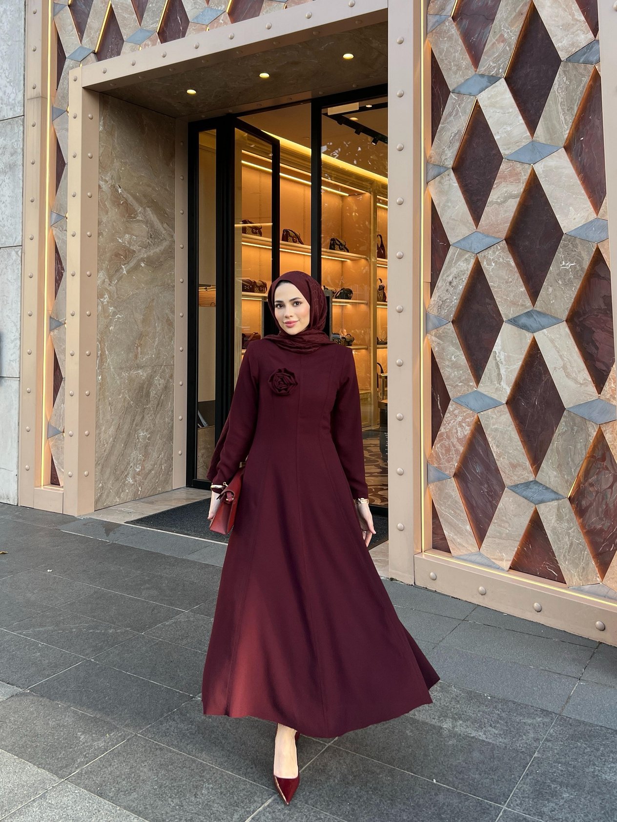 Parçalı Rosa Elbise Bordo