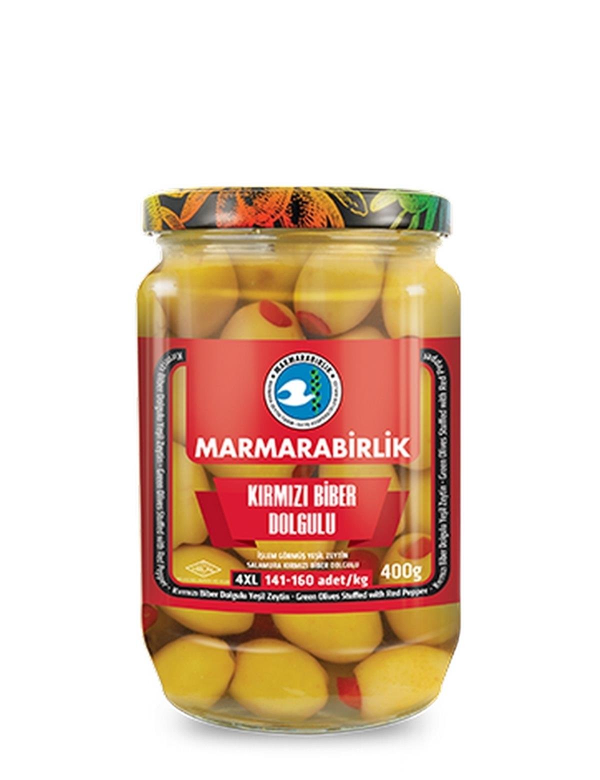 MARMARABİRLİK 4XL İŞLEM GÖRMÜŞ YEŞİL ZEYTİN KIRMIZI BİBER DOLGULU 400 GR