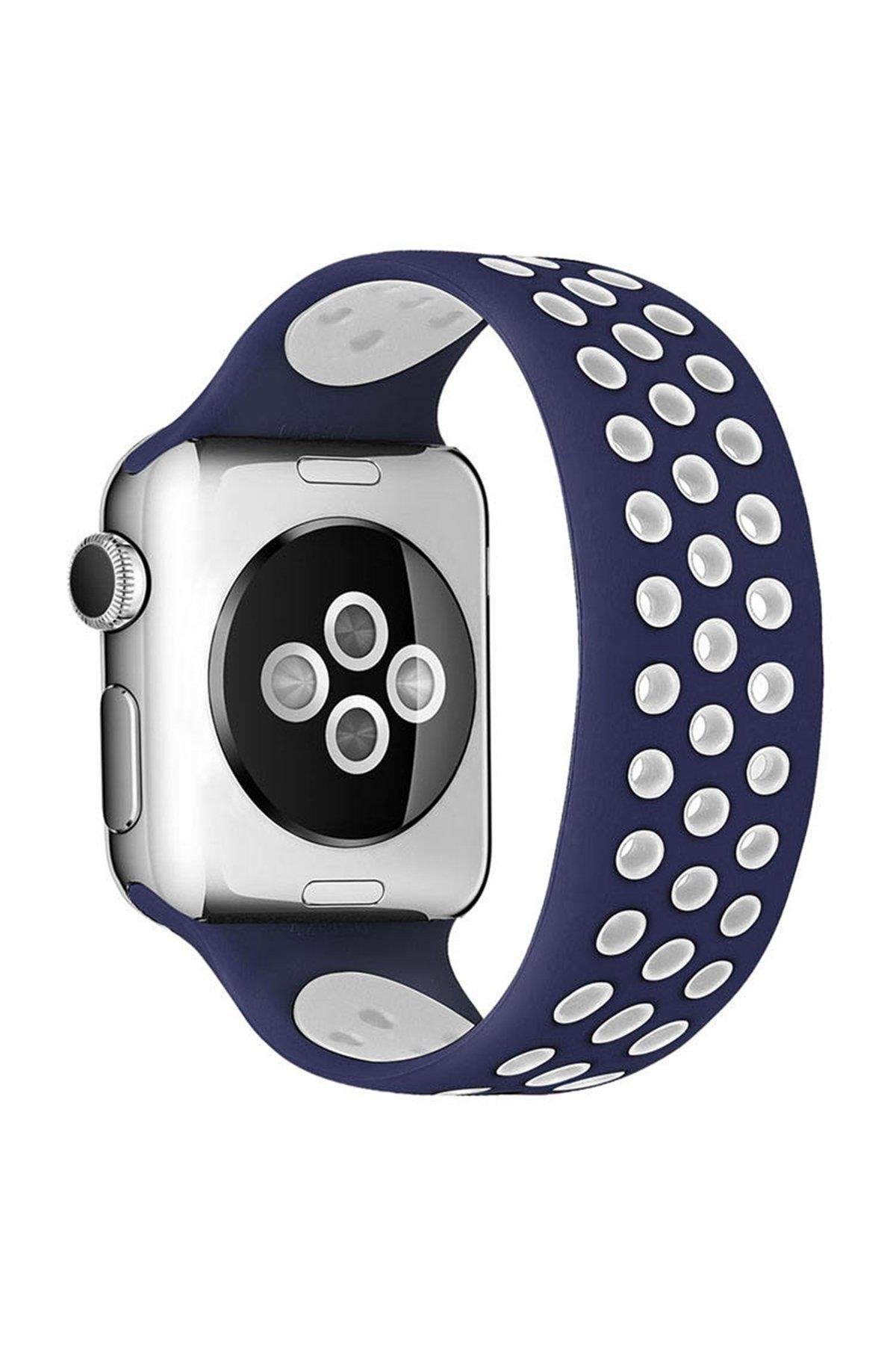 SİLİKON KORDONLARNEWFACEDLKL01Apple Watch 38mm/40mm/41mm Ayarlı Delikli Silikon Kordon - Lacivert-Beyaz