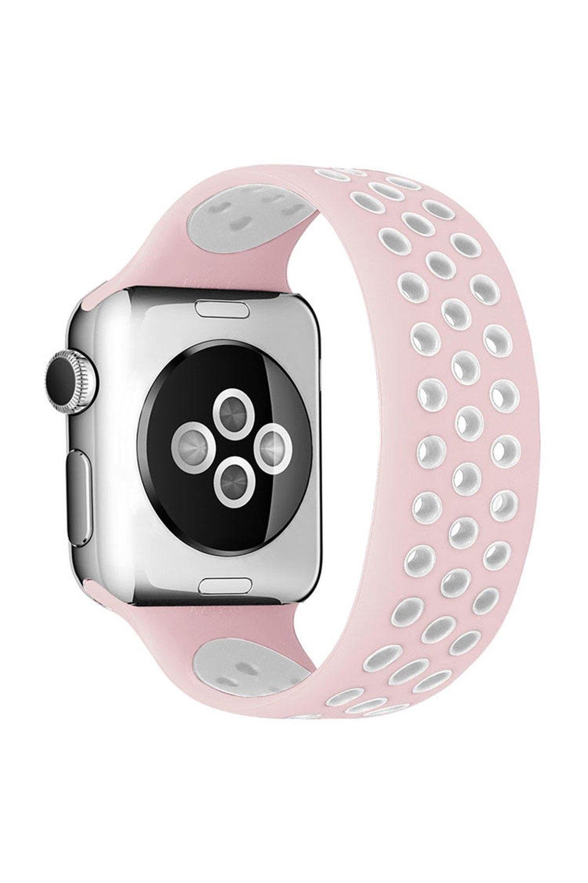 SİLİKON KORDONLARNEWFACEDLKL06Apple Watch 38mm/40mm/41mm Ayarlı Delikli Silikon Kordon - Pembe-Beyaz