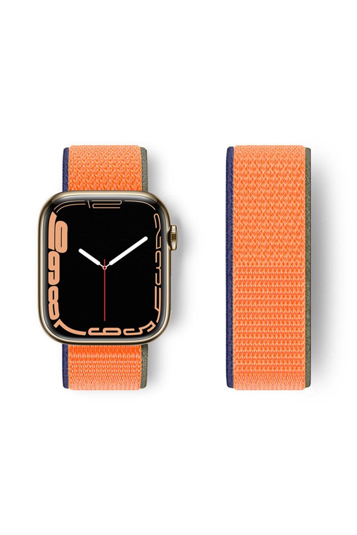 HASIR BEZ KORDONLARNEWFACEHSR18Apple Watch 42mm / 44mm / 45mm / 46mm / 49mm Hasırlı Cırtcırtlı Kordon - Lacivert-Turuncu
