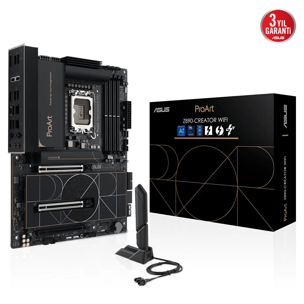 ASUS PROART Z890-CREATOR WIFI, 9066MHz OC, 4xDDR5 5x M.2, HDMI, DP, Type-C, Wi-Fi 7, Bluetooth 5.4, Intel Core Ultra CPU(Seri 2), LGA1851 Soket, Anakart