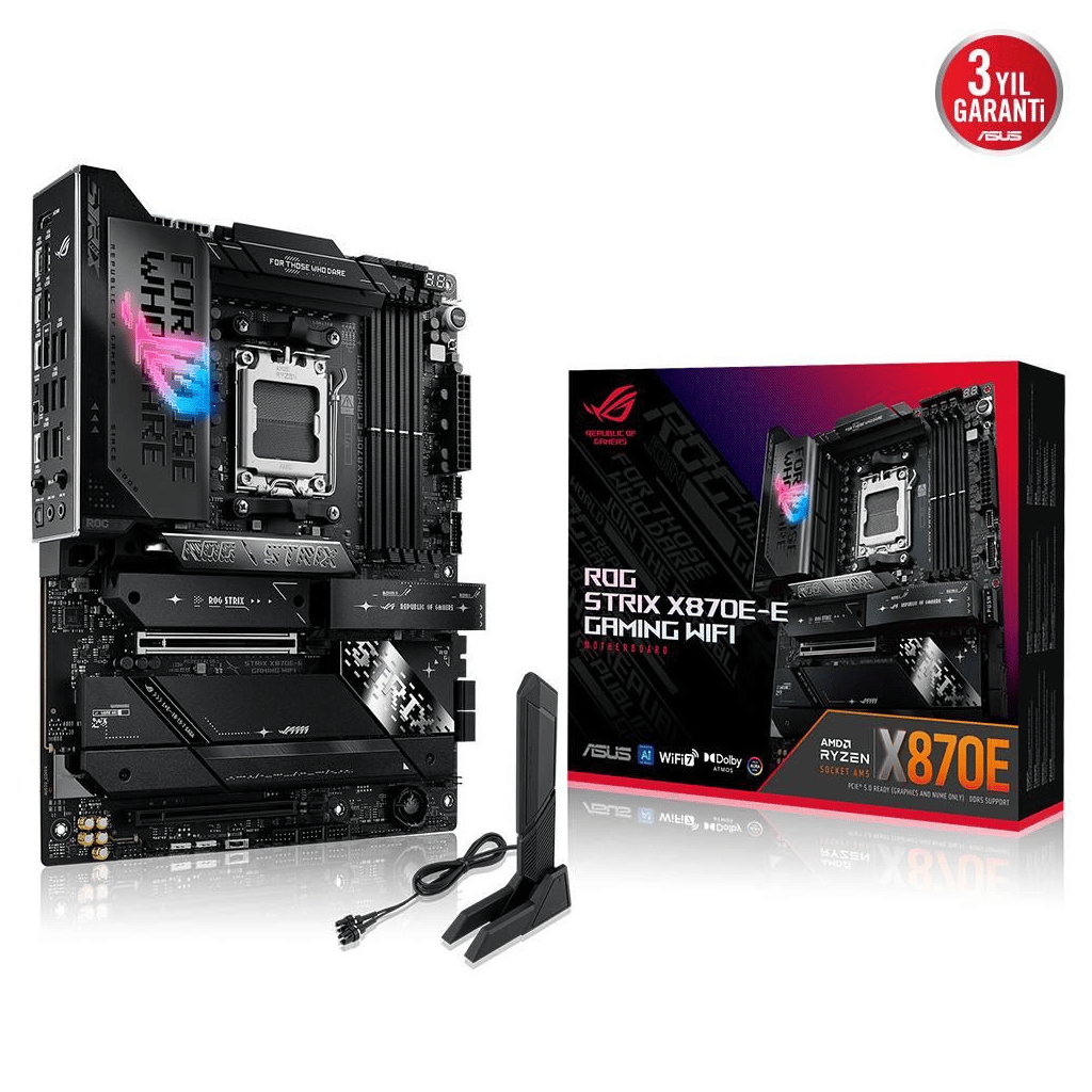 ASUS ROG STRIX X870E-E GAMING WIFI, 4xDDR5, 5xM.2, HDMI, DP, Type-C, PCIe 5.0, 2xWi-Fi 7, Bluetooth v5.4, AMD Ryzen 9000-8000 ve 7000 Serisi, AM5 Soket Anakart