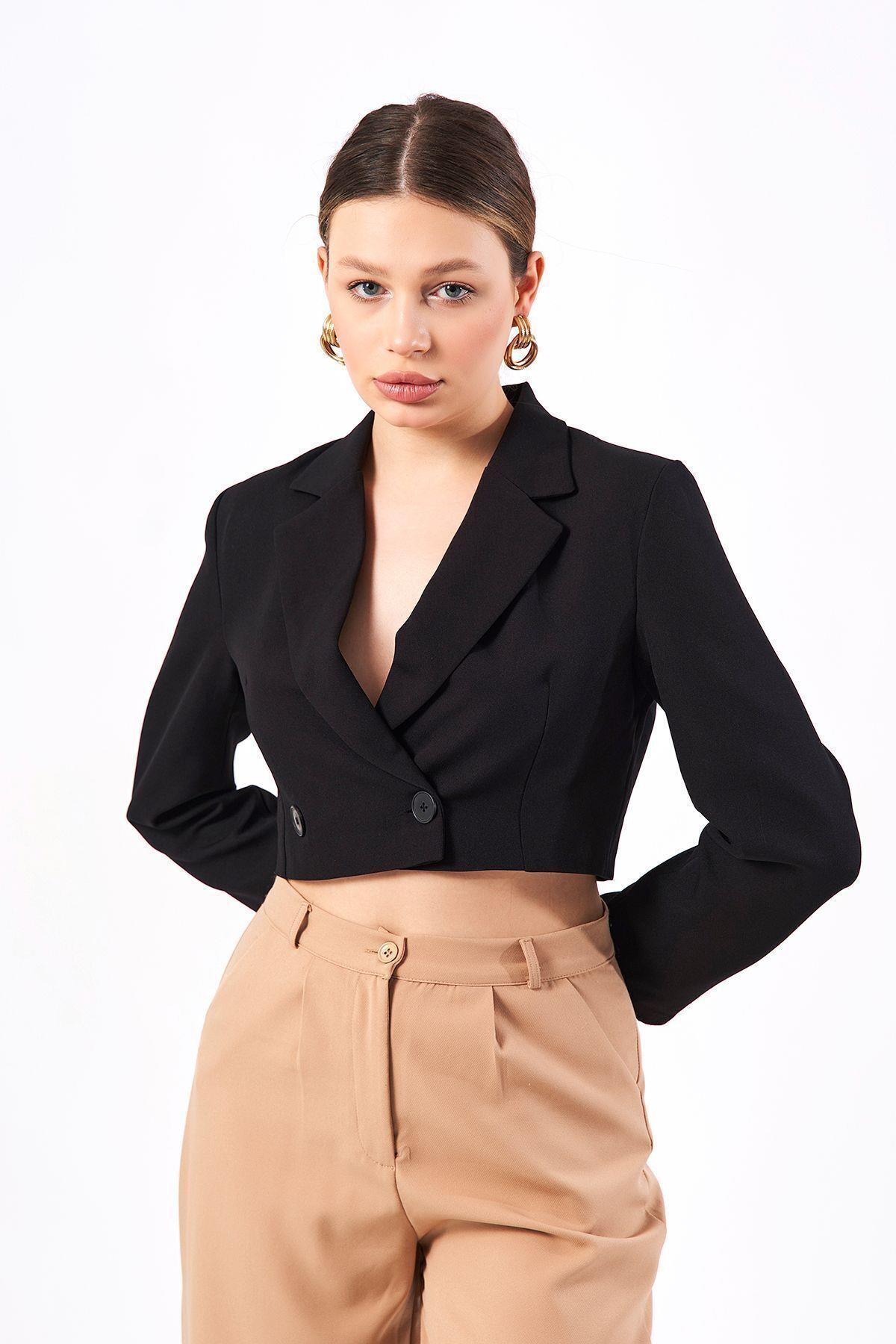 Crop Blazer Ceket Taş