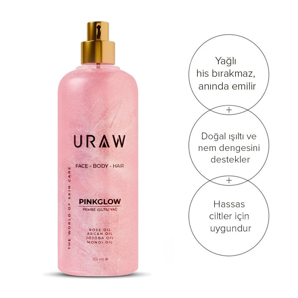 URAW Pink Glow Pembe Işıltılı Yağ | Yüz, Vücut ve Saç İçin Çok Amaçlı Bakım Yağı