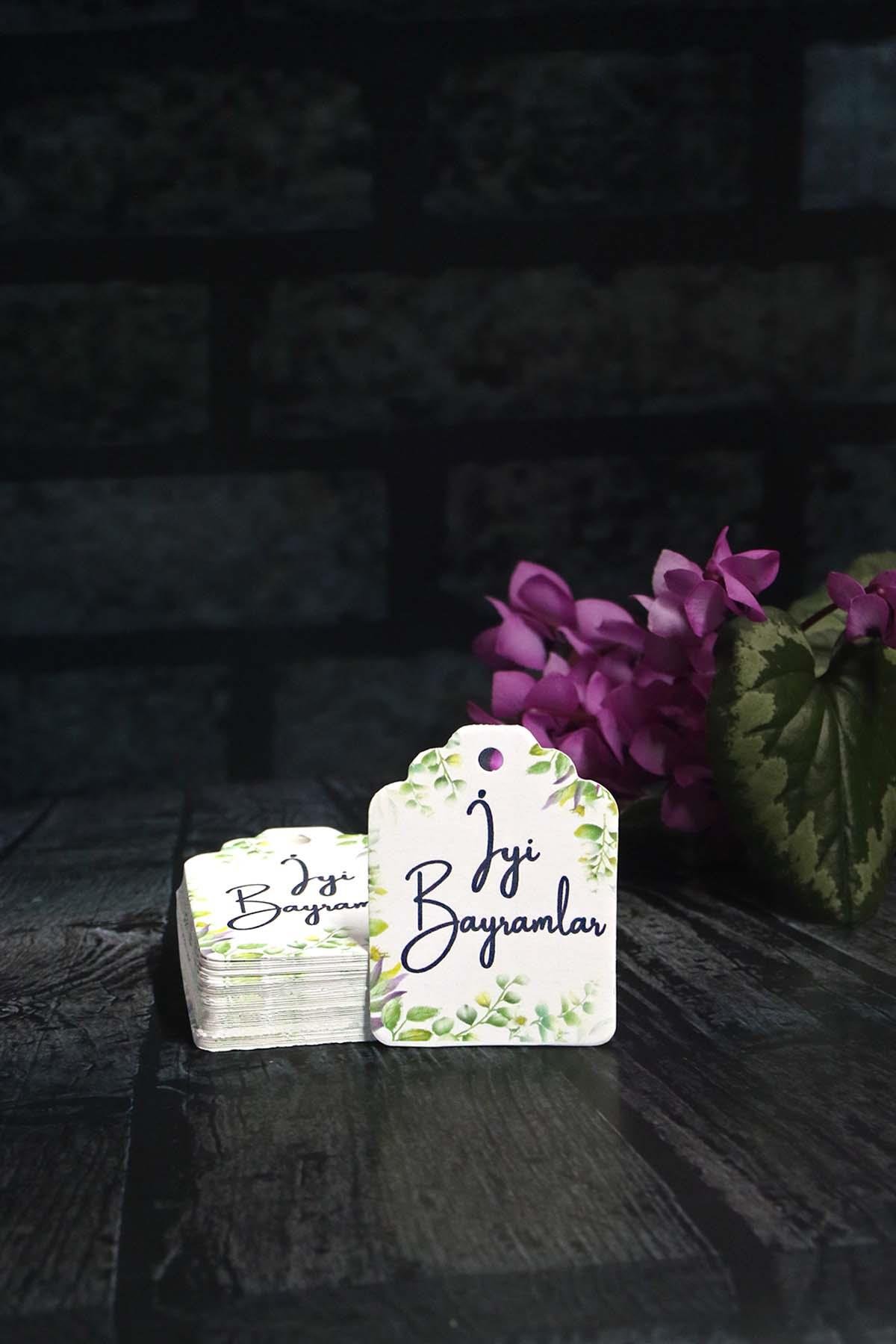 Bayram etiketi - İyi Bayramlar baskılı - 50 adet yaprak baskılı Bayram Etiketi (4.5 x 6 cm)