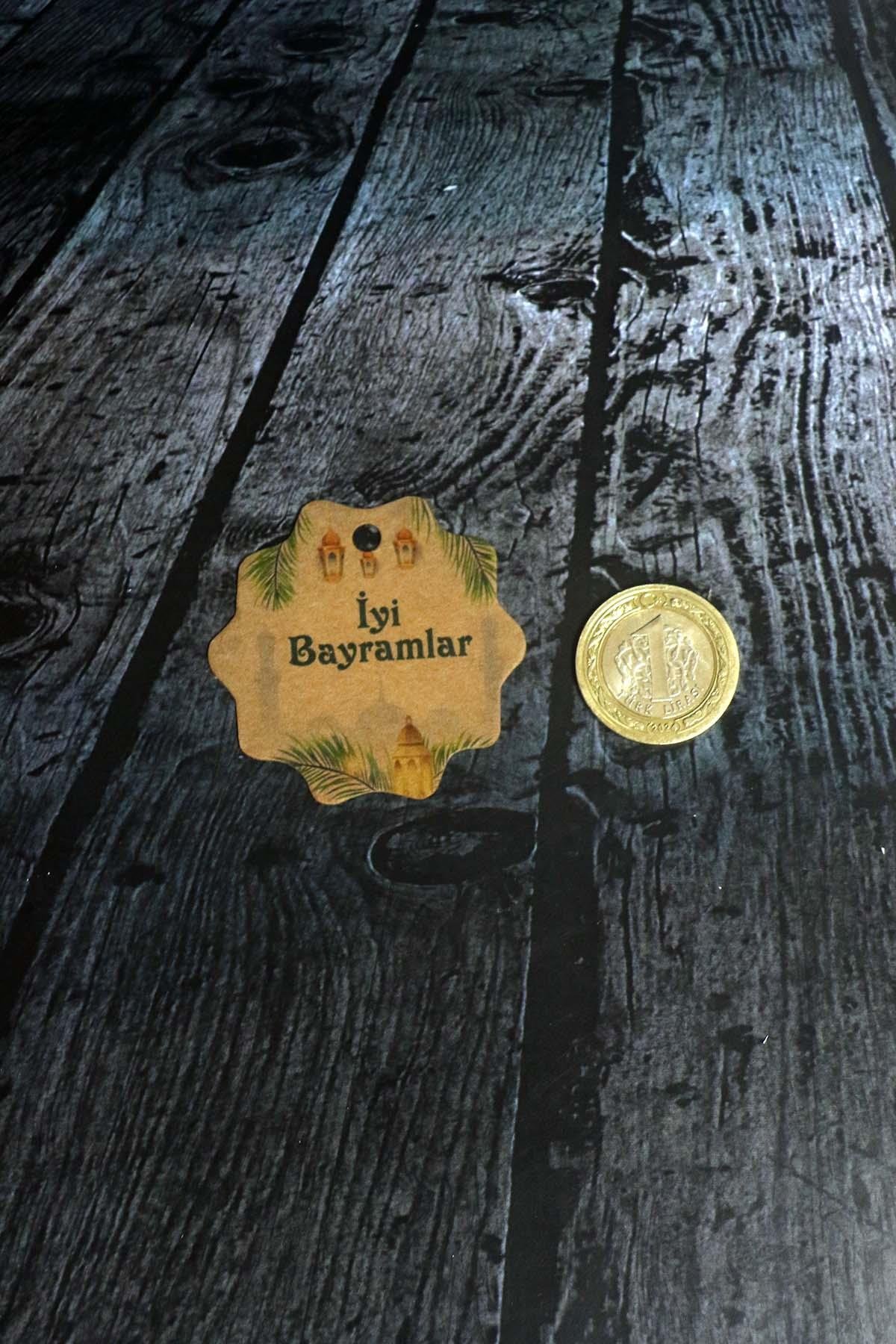 Bayram etiketi - İyi Bayramlar baskılı - 50 adet Kraft Bayram Etiketi (5 cm)