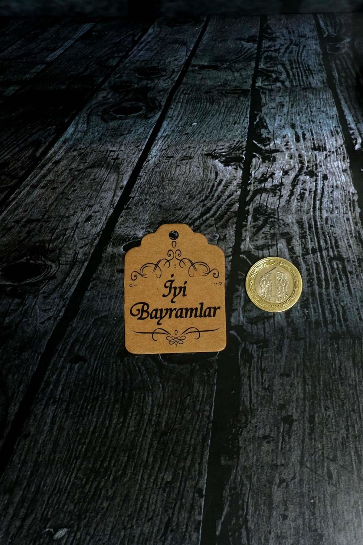 Bayram etiketi - İyi Bayramlar baskılı -50 adet desen baskılı Kraft Bayram Etiketi (4.5 x 6cm)