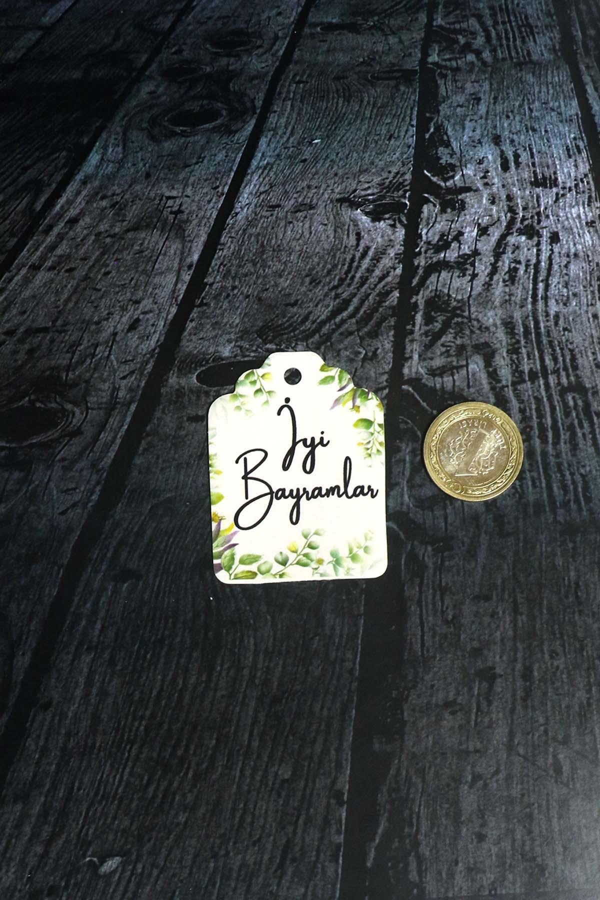Bayram etiketi - İyi Bayramlar baskılı - 50 adet yaprak baskılı Bayram Etiketi (4.5 x 6 cm)