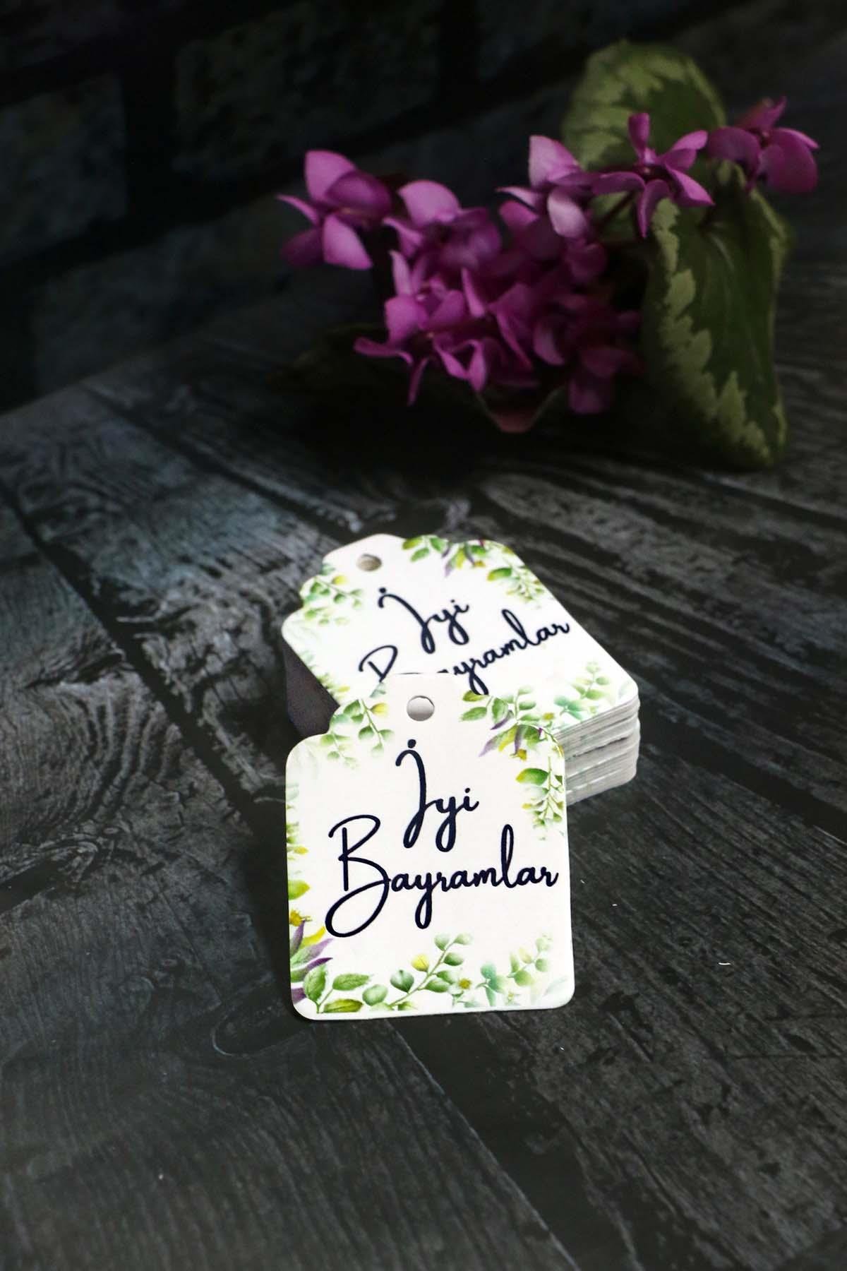 Bayram etiketi - İyi Bayramlar baskılı - 50 adet yaprak baskılı Bayram Etiketi (4.5 x 6 cm)