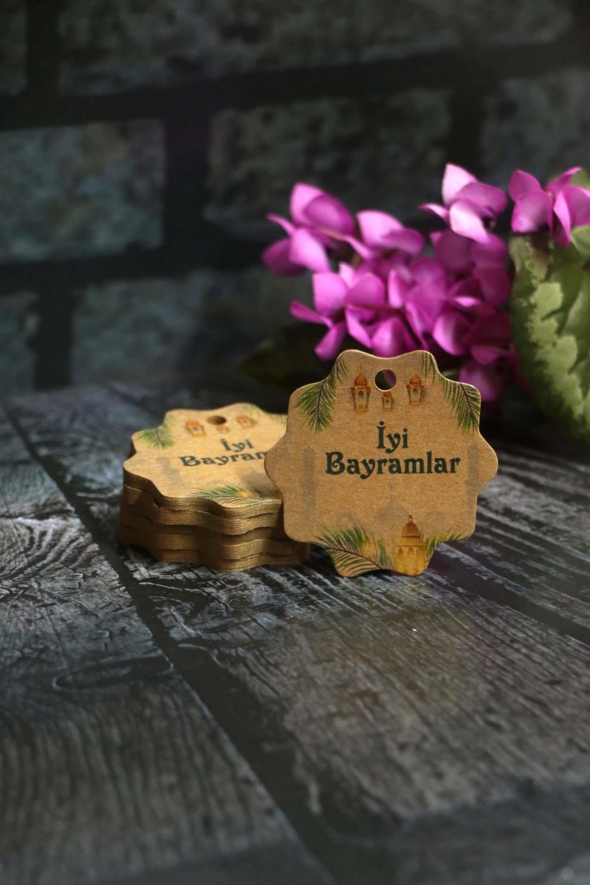 Bayram etiketi - İyi Bayramlar baskılı - 50 adet Kraft Bayram Etiketi (5 cm)