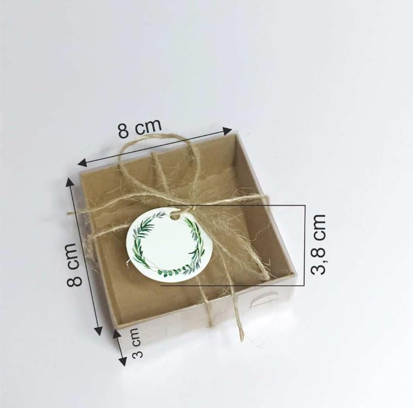 Beyaz Etiket Baskılı, Kraft Asetat Kapaklı Kutu,15 Adet Ipli Hediyelik Kutusu Set ( 8x8x3 Cm )