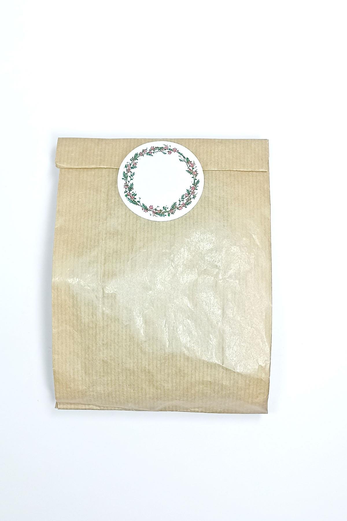 Beyaz Etiket Çiçek Baskılı, Kraft Hediye Paketi, Kraft Ambalaj Kese Kağıdı 20 Adet ( 12x20 Cm )