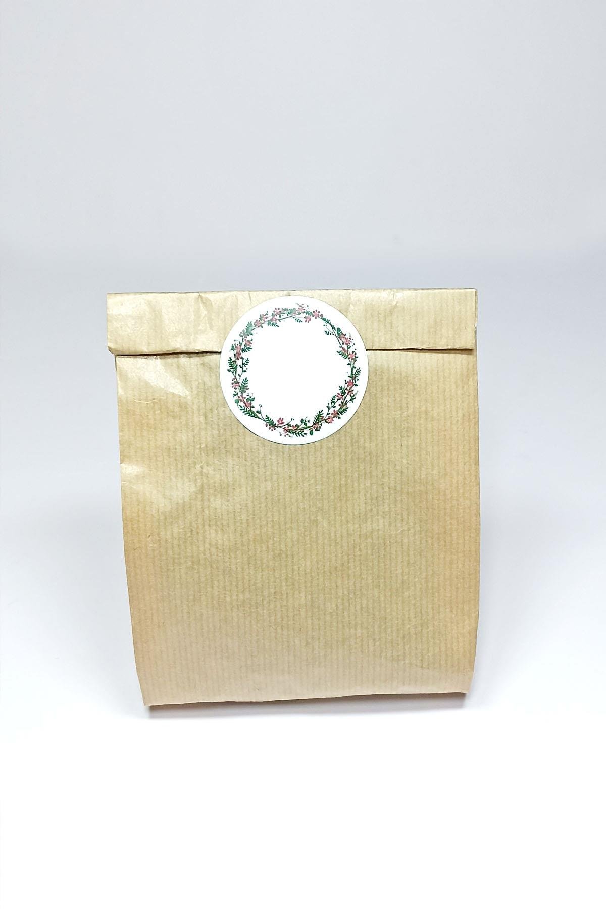 Beyaz Etiket Çiçek Baskılı, Kraft Hediye Paketi, Kraft Ambalaj Kese Kağıdı 20 Adet ( 12x20 Cm )