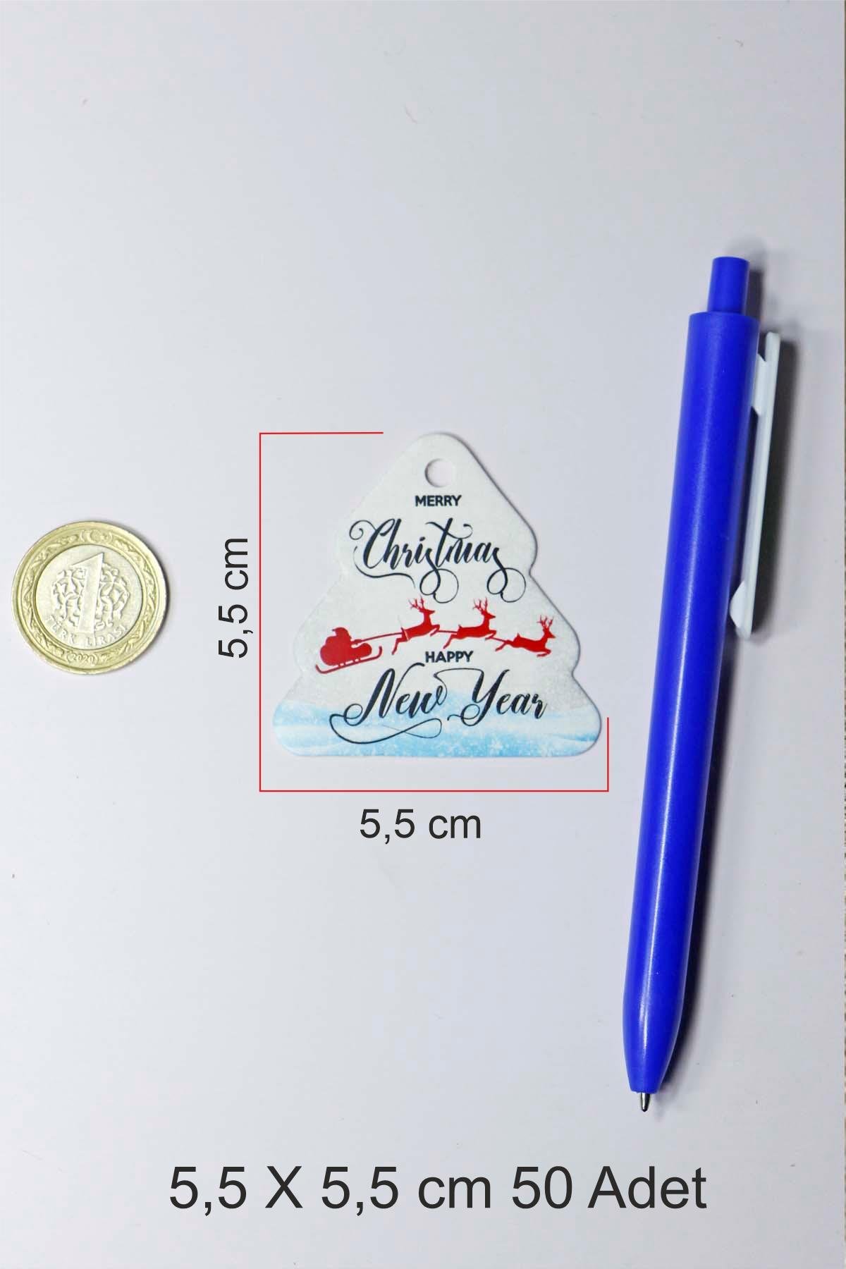 Çam Ağacı Temalı Yeni Yıl Etiketi - Happy New Year - Yılbaşı Hediye Etiketi (5,5 X5,5 cm) 50 Adet