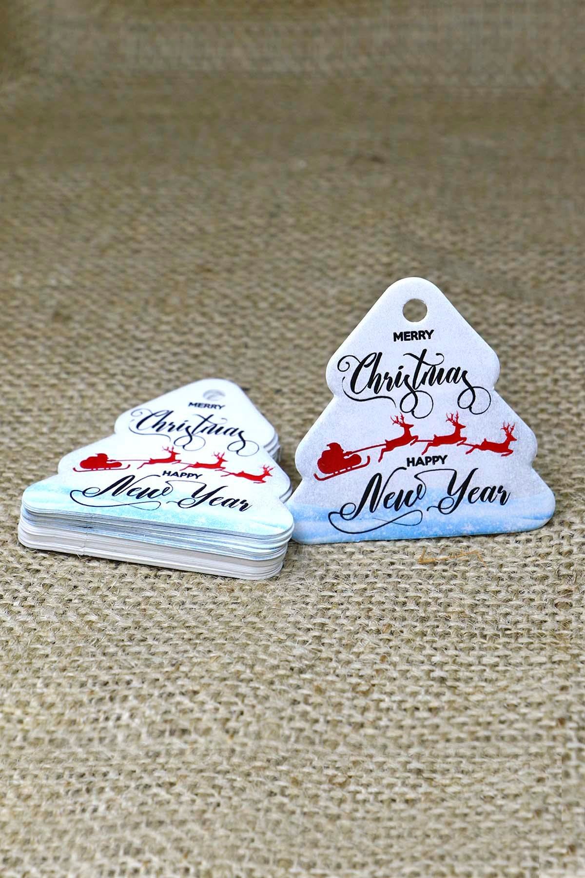 Çam Ağacı Temalı Yeni Yıl Etiketi - Happy New Year - Yılbaşı Hediye Etiketi (5,5 X5,5 cm) 50 Adet