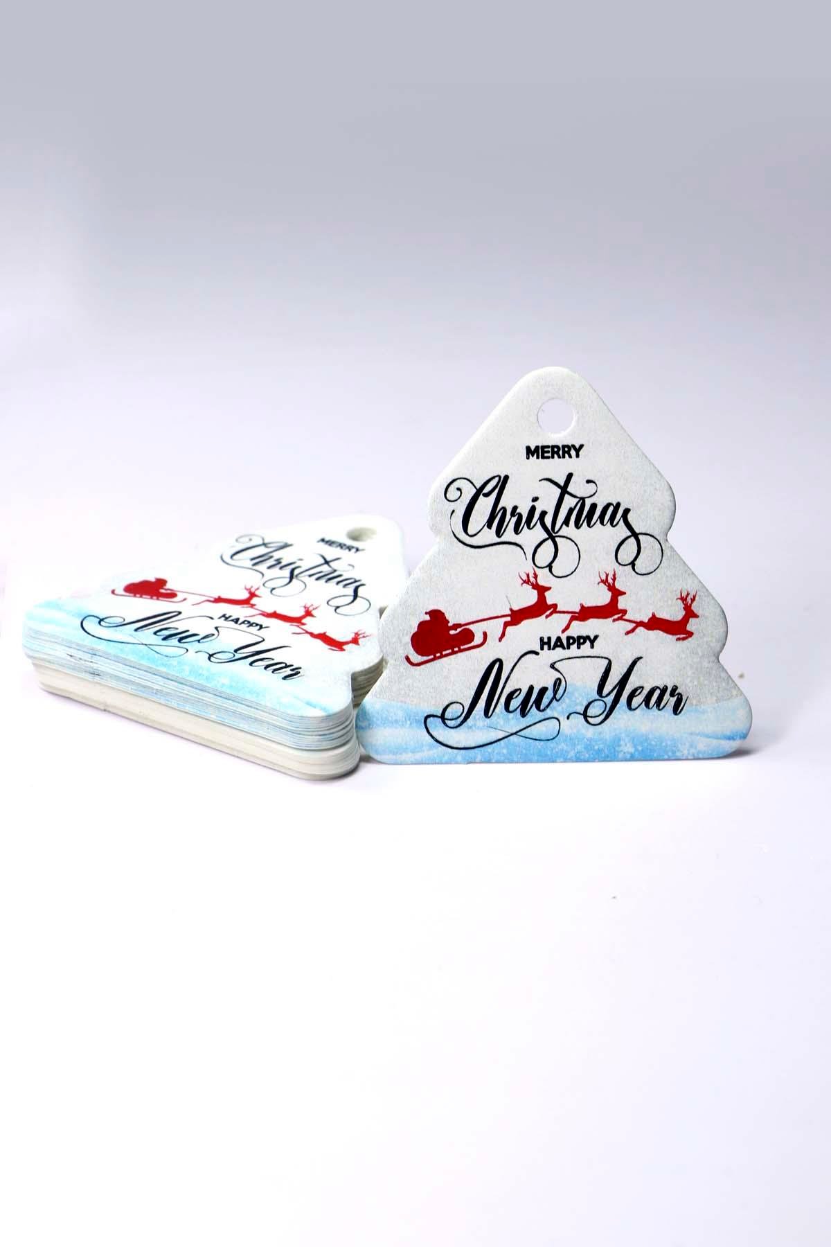 Çam Ağacı Temalı Yeni Yıl Etiketi - Happy New Year - Yılbaşı Hediye Etiketi (5,5 X5,5 cm) 50 Adet