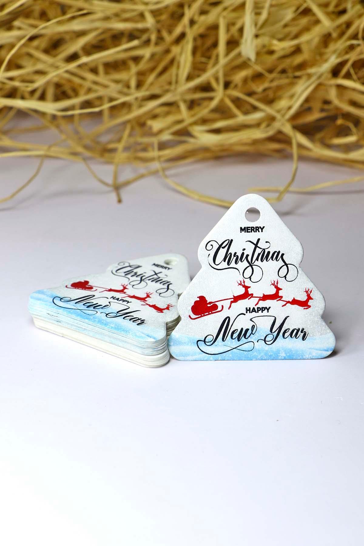 Çam Ağacı Temalı Yeni Yıl Etiketi - Happy New Year - Yılbaşı Hediye Etiketi (5,5 X5,5 cm) 50 Adet