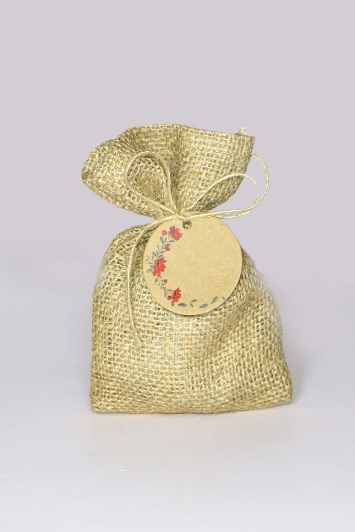 Hediyelik Jüt Kese, Çiçek Baskılı Etiket - Hasır Kese - Bağlama İpli 10 Adet Set ( 10x15 Cm )