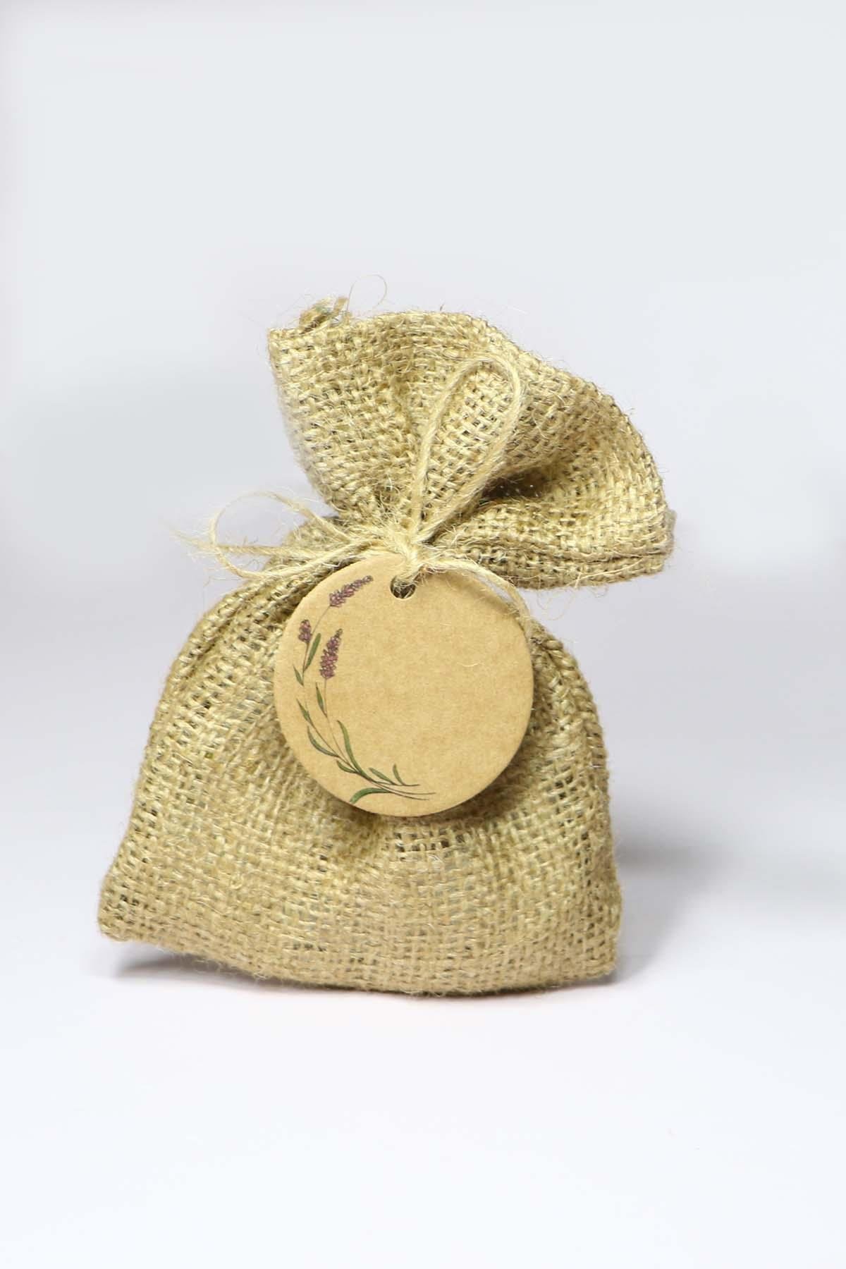 Hediyelik Jüt Kese, Lavanta Baskılı Etiket - Hasır Kese - Bağlama İpli 10 Adet Set ( 10x15 Cm )